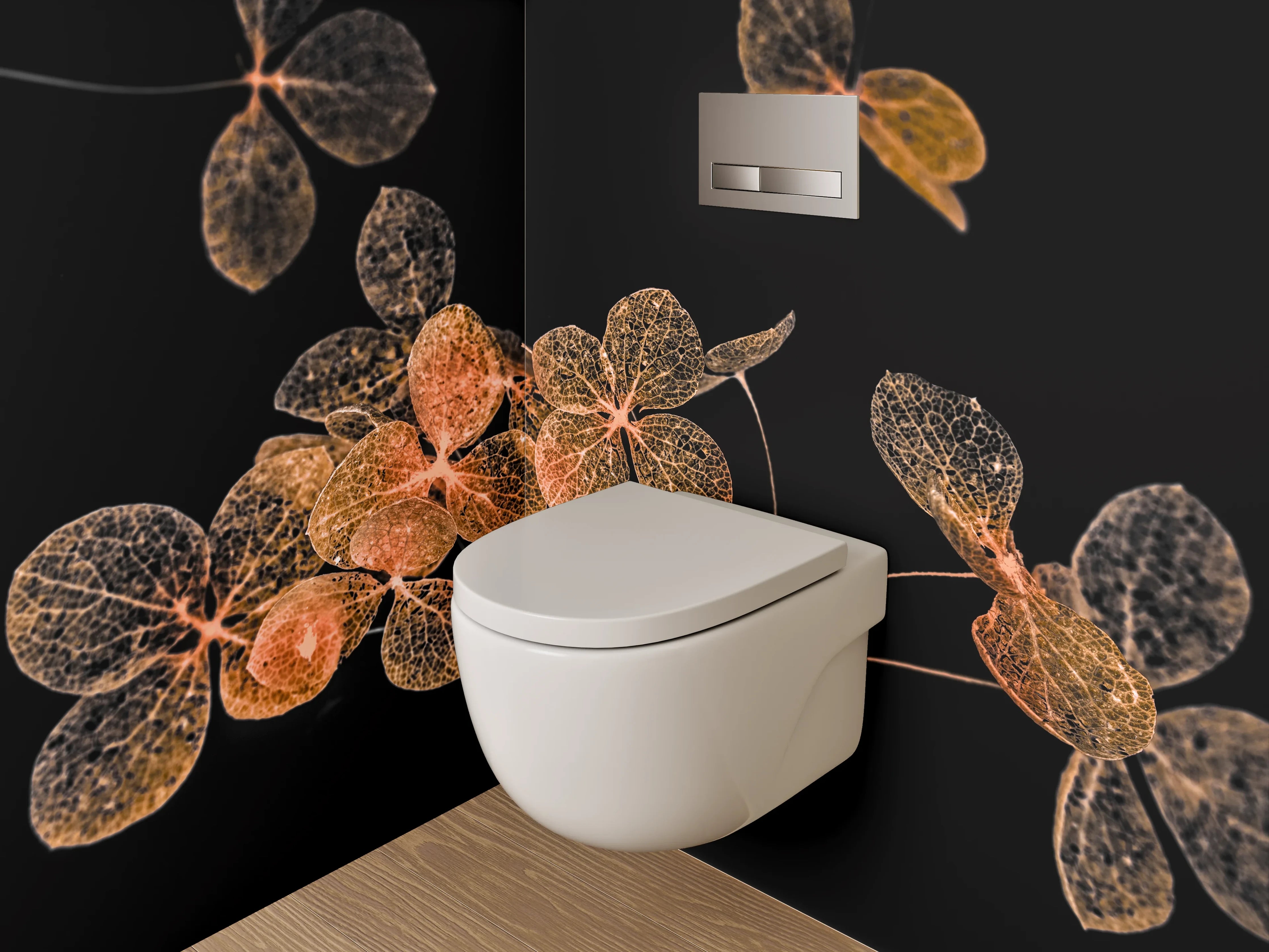 WC-Rückwand - Filigrane Blüten auf Schwarz – Kunstfotografie