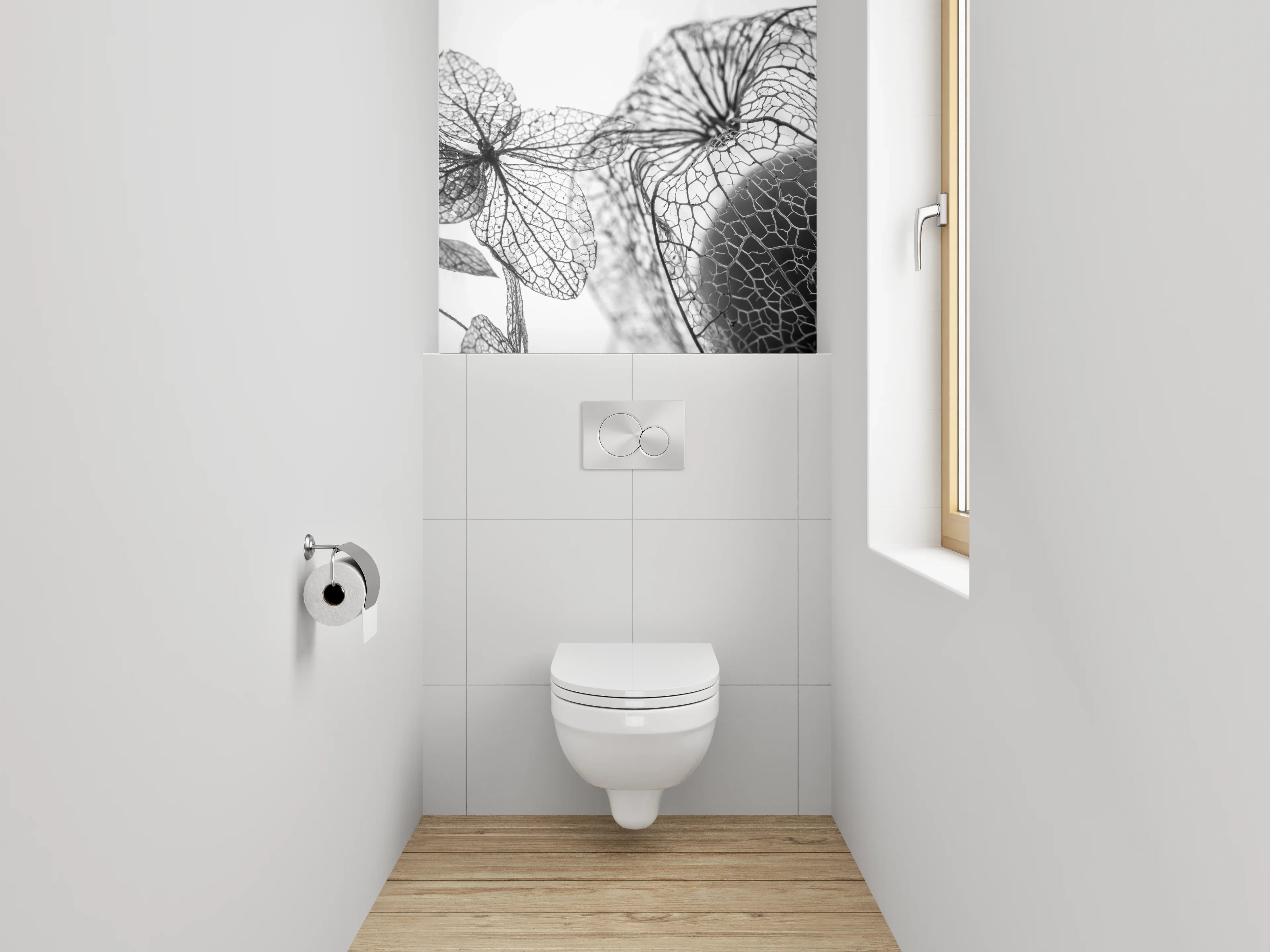 WC-Rückwand - Filigrane Blüten in Schwarz-Weiß