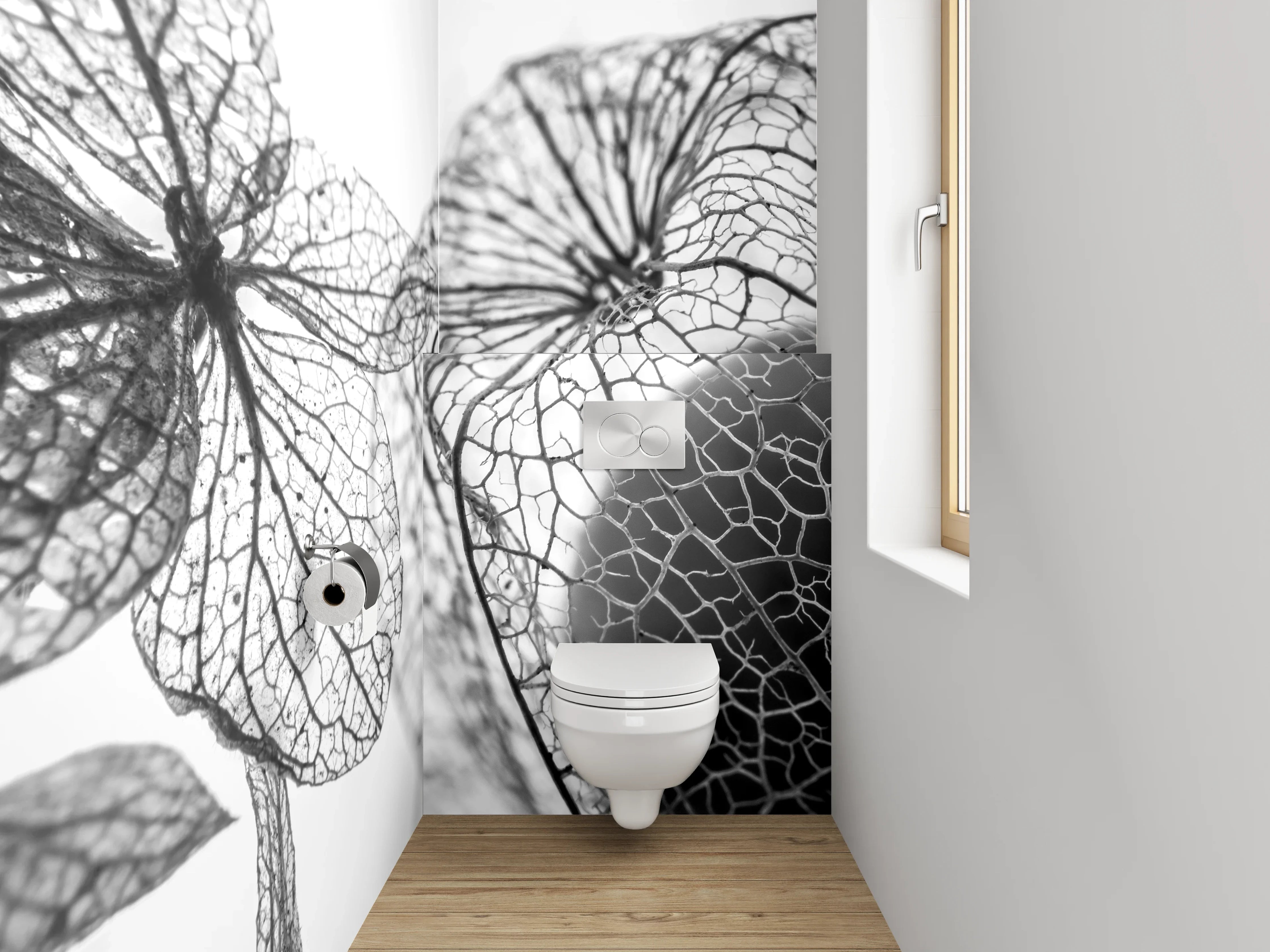 WC-Rückwand - Filigrane Blüten in Schwarz-Weiß