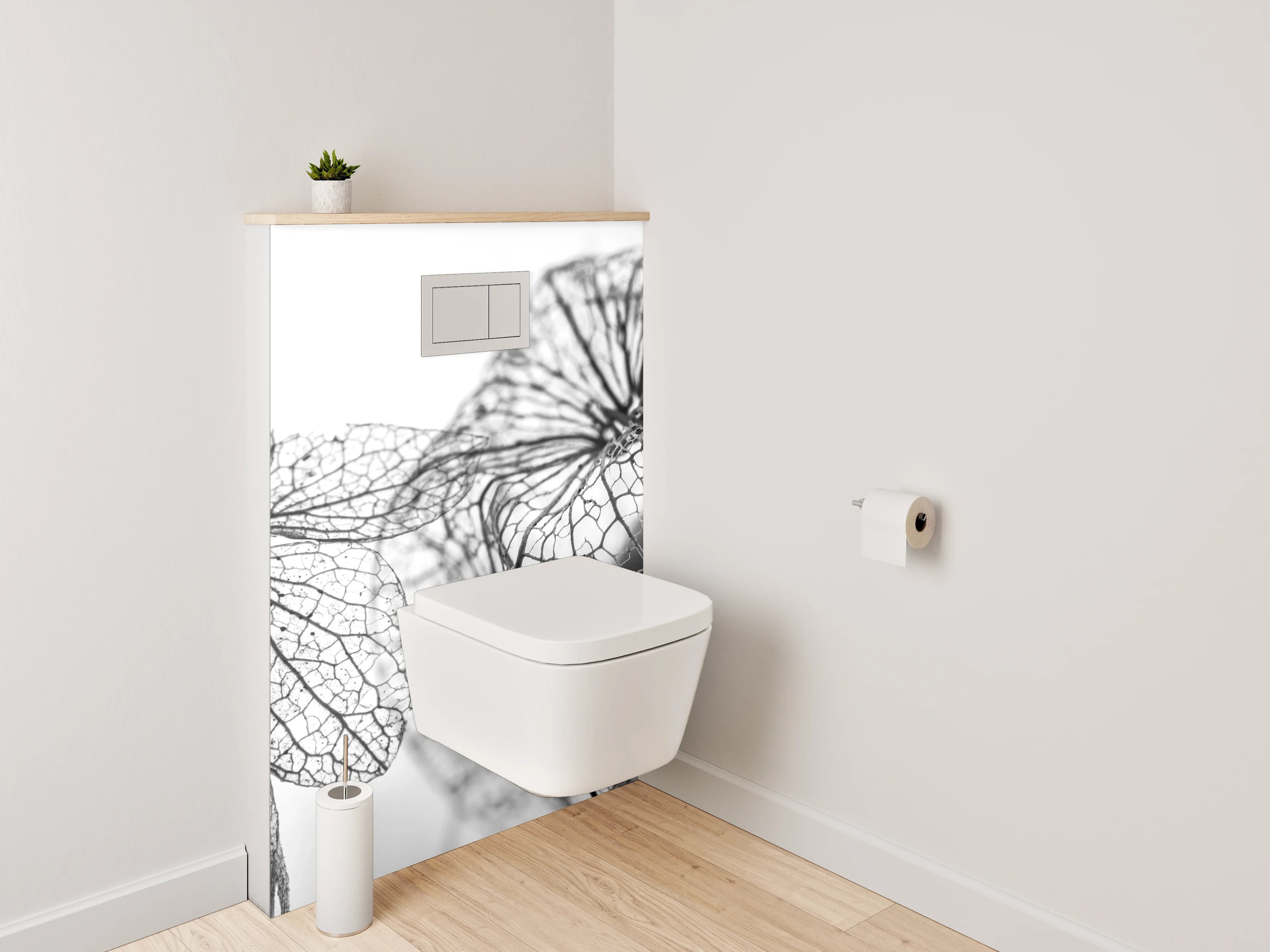 WC-Rückwand - Filigrane Blüten in Schwarz-Weiß