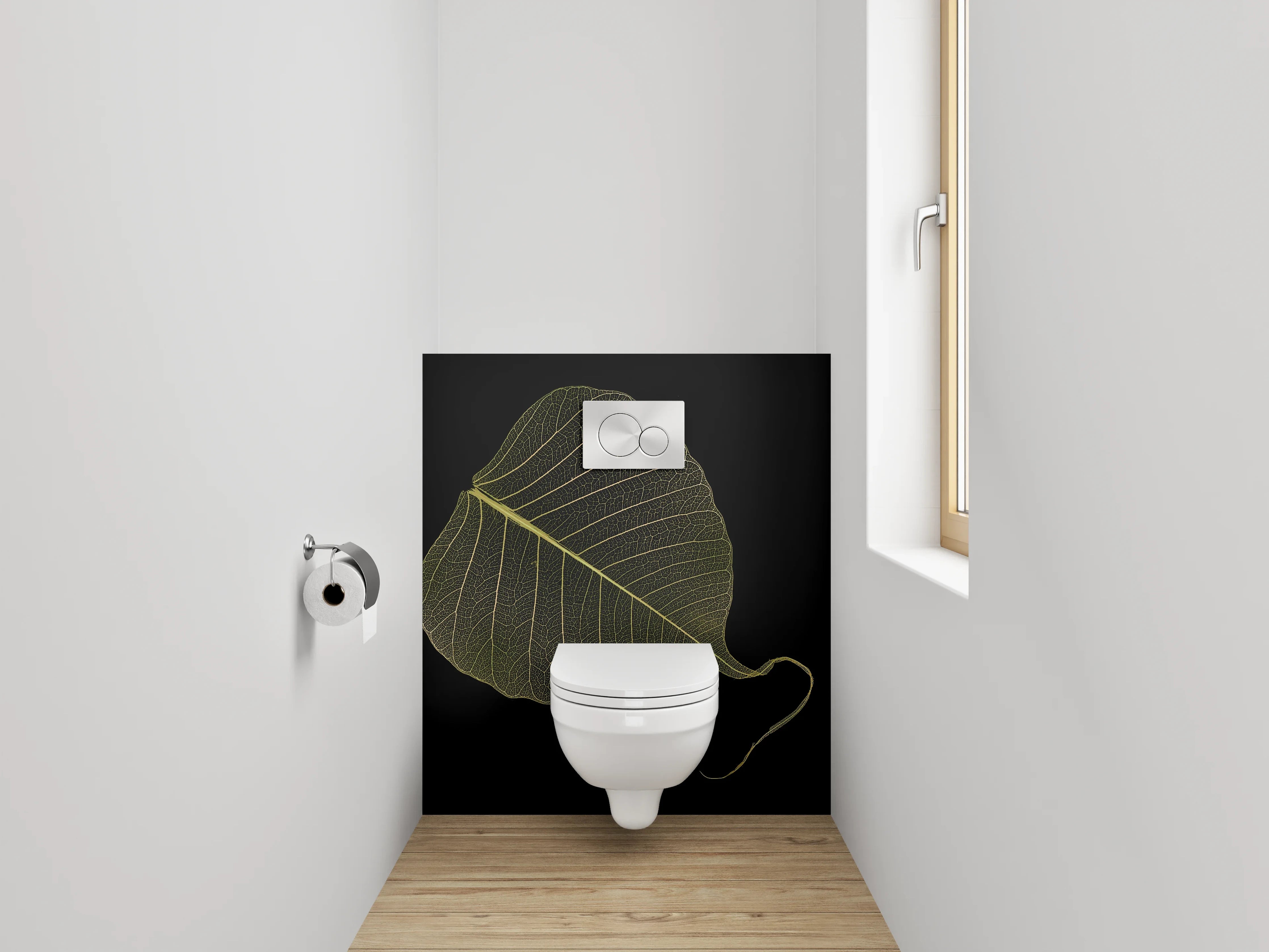 WC-Rückwand - Filigranes Blatt auf Schwarz