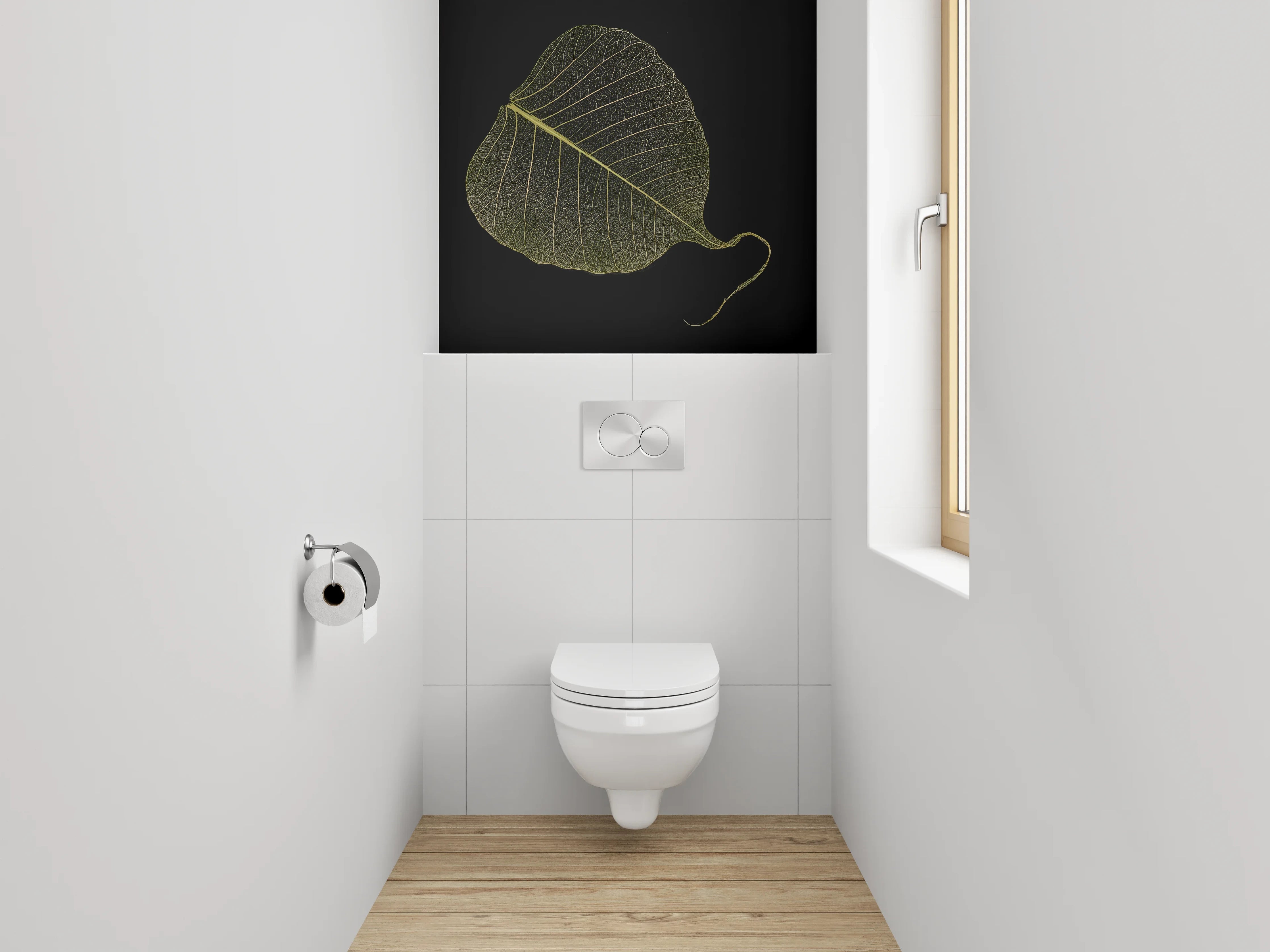 WC-Rückwand - Filigranes Blatt auf Schwarz