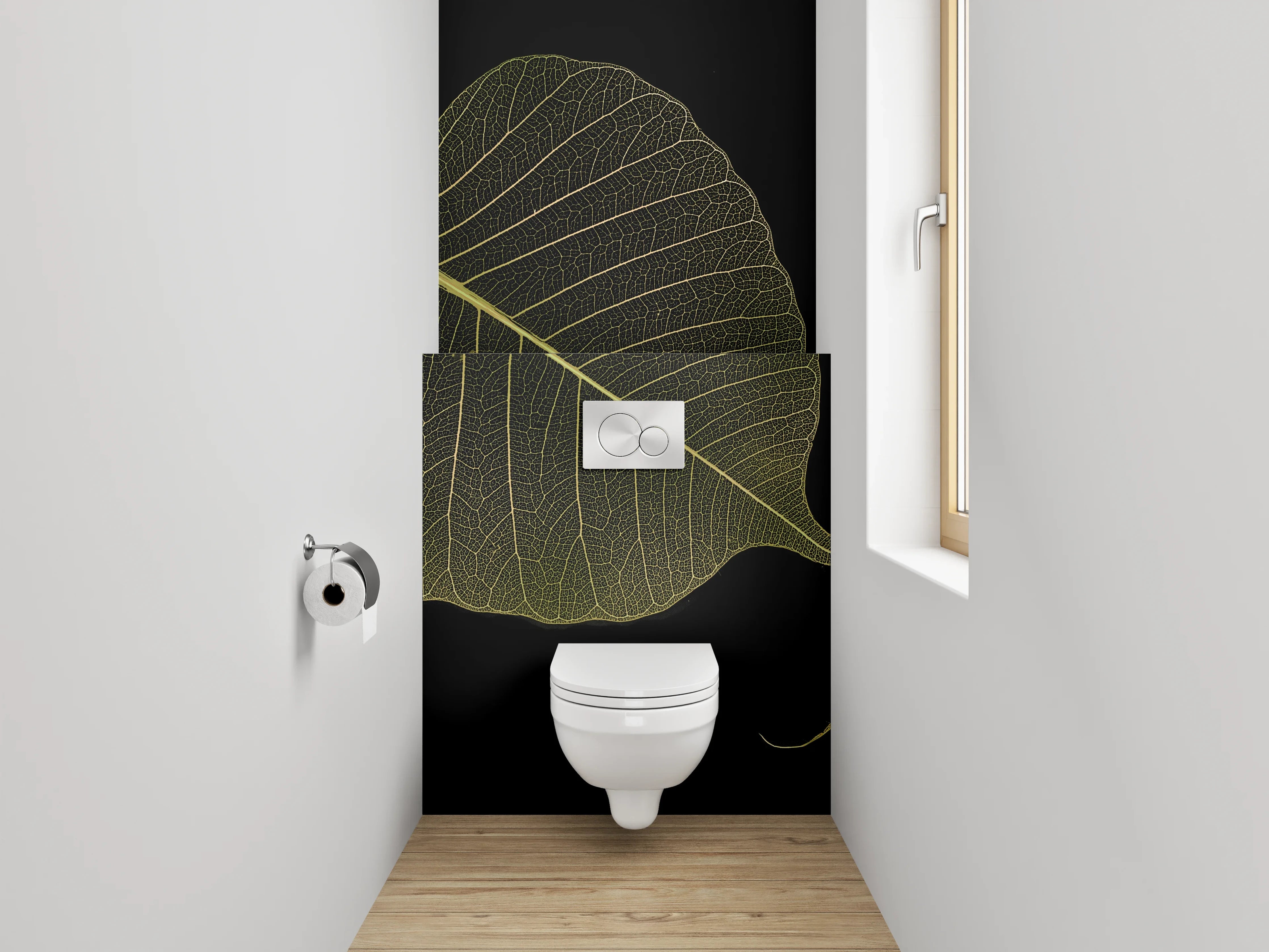 WC-Rückwand - Filigranes Blatt auf Schwarz