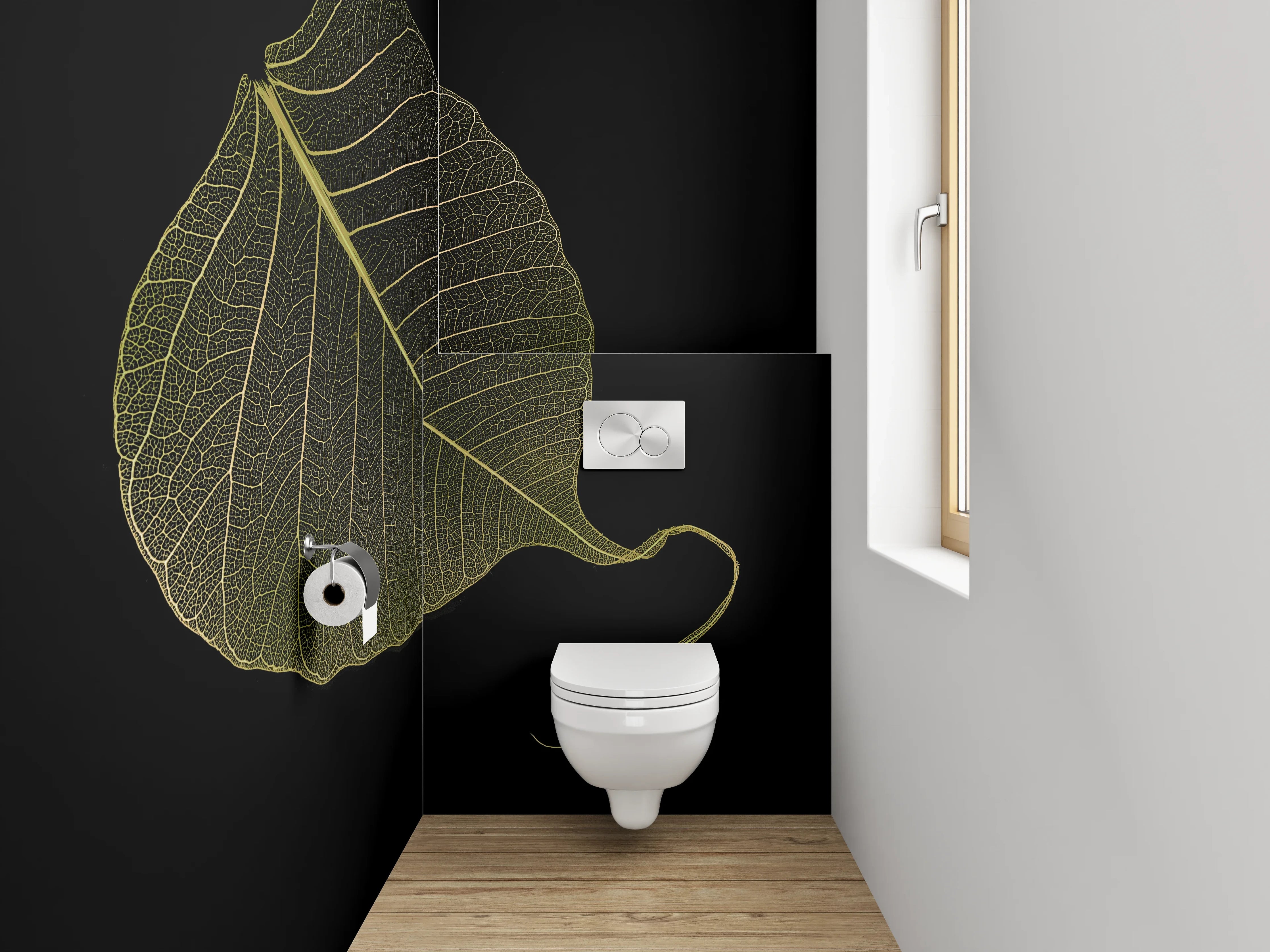 WC-Rückwand - Filigranes Blatt auf Schwarz