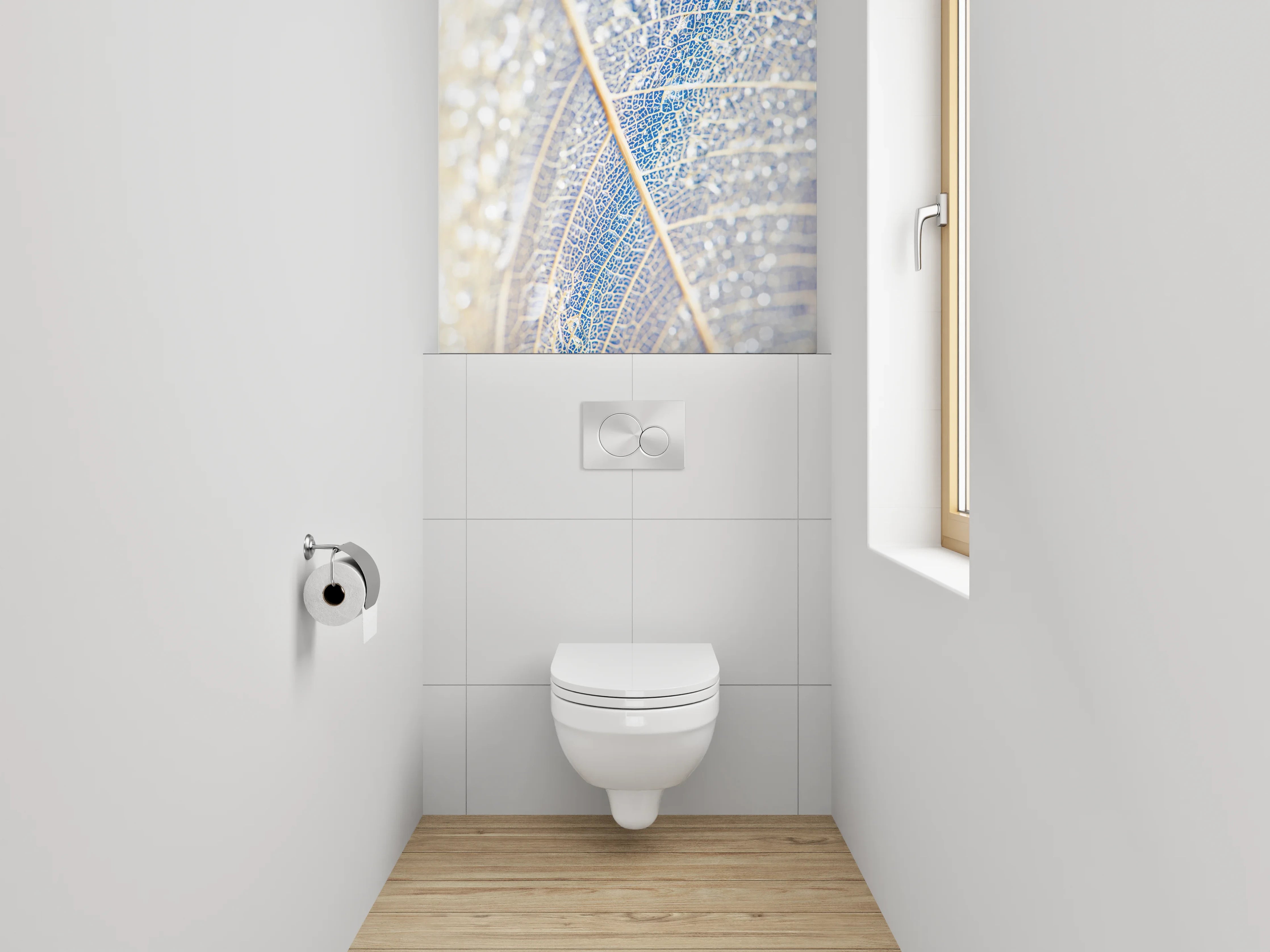 WC-Rückwand - Filigranes Blatt in Weiß und Blau
