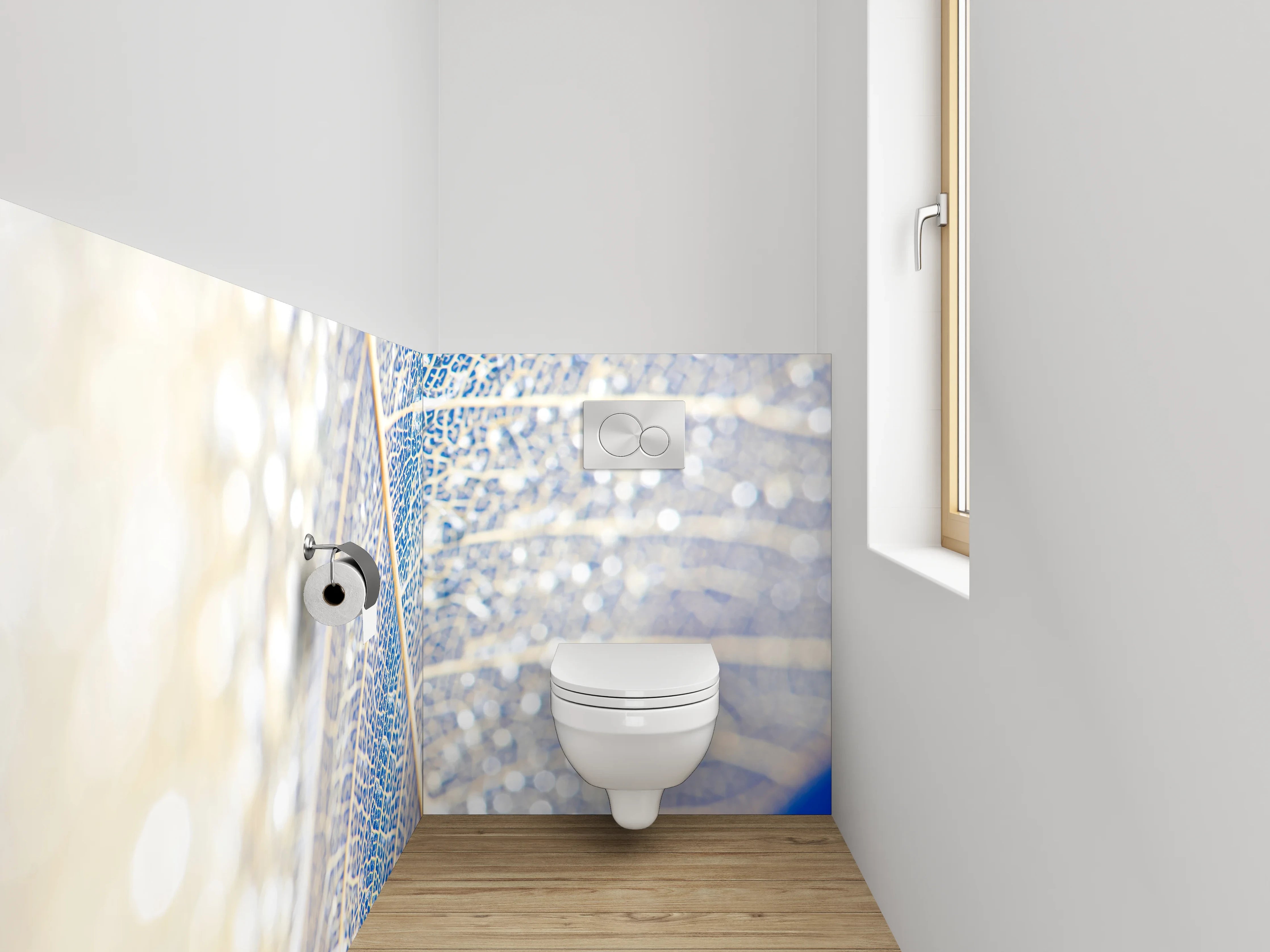 WC-Rückwand - Filigranes Blatt in Weiß und Blau