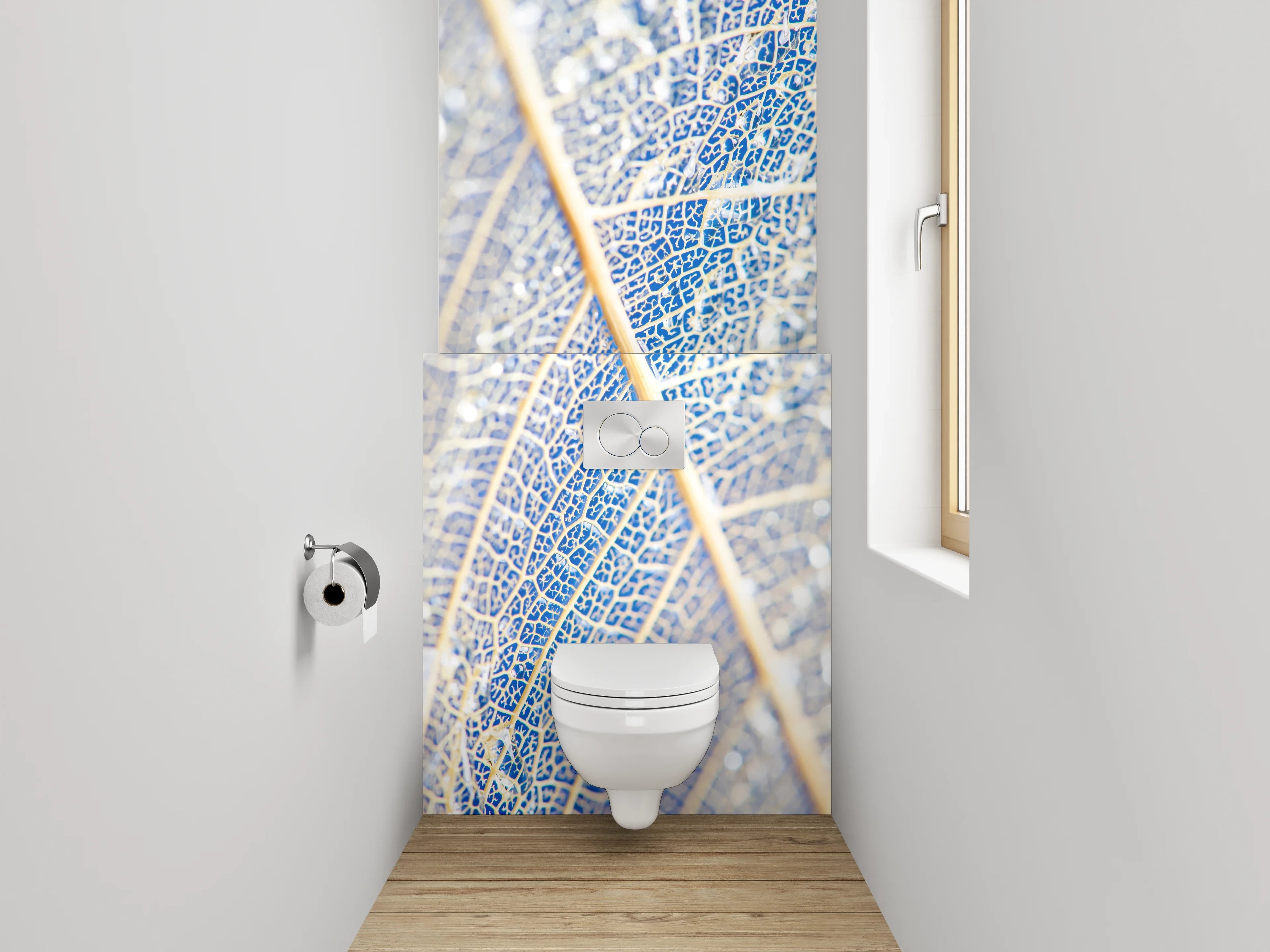 WC-Rückwand - Filigranes Blatt in Weiß und Blau