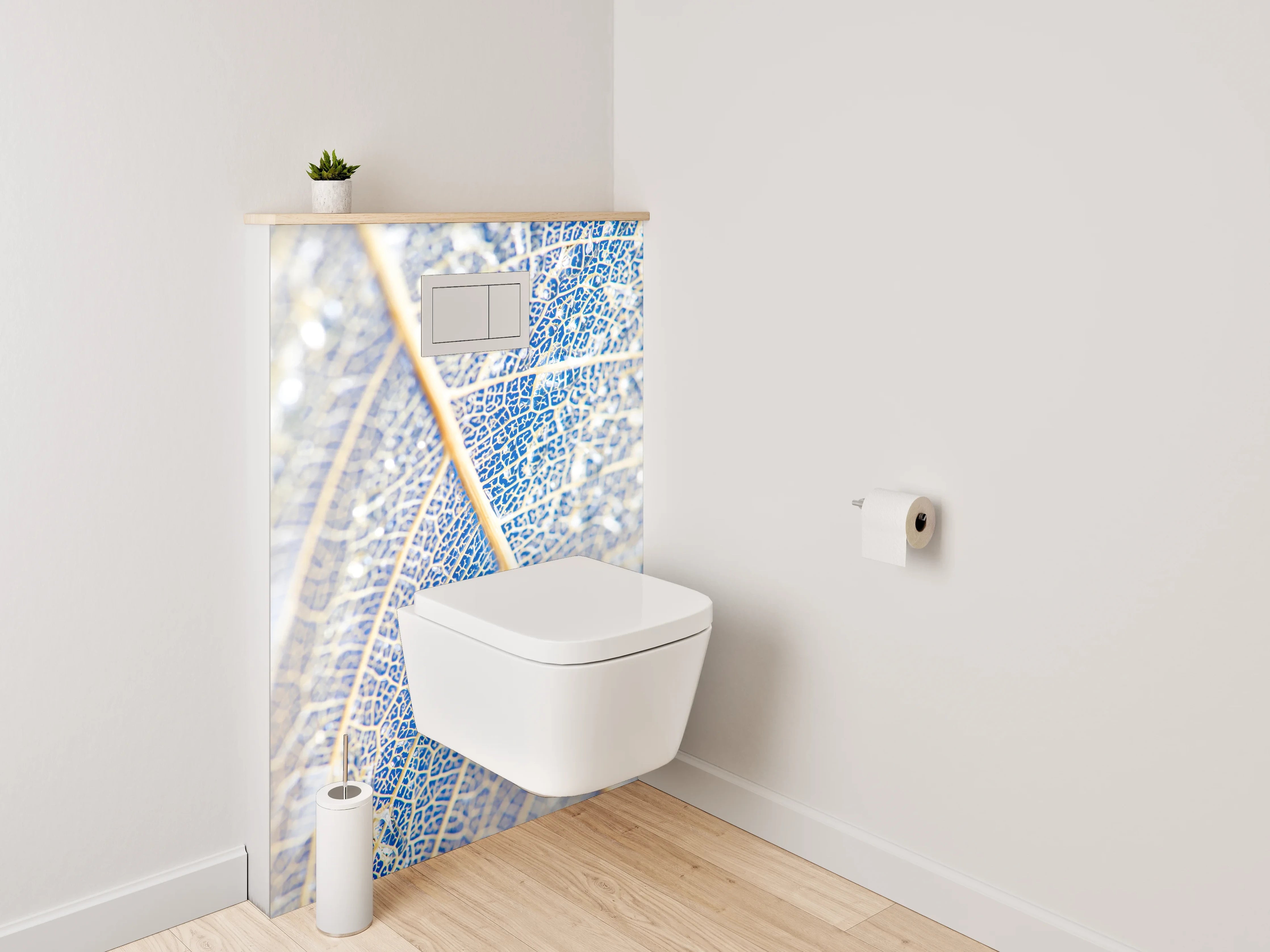 WC-Rückwand - Filigranes Blatt in Weiß und Blau