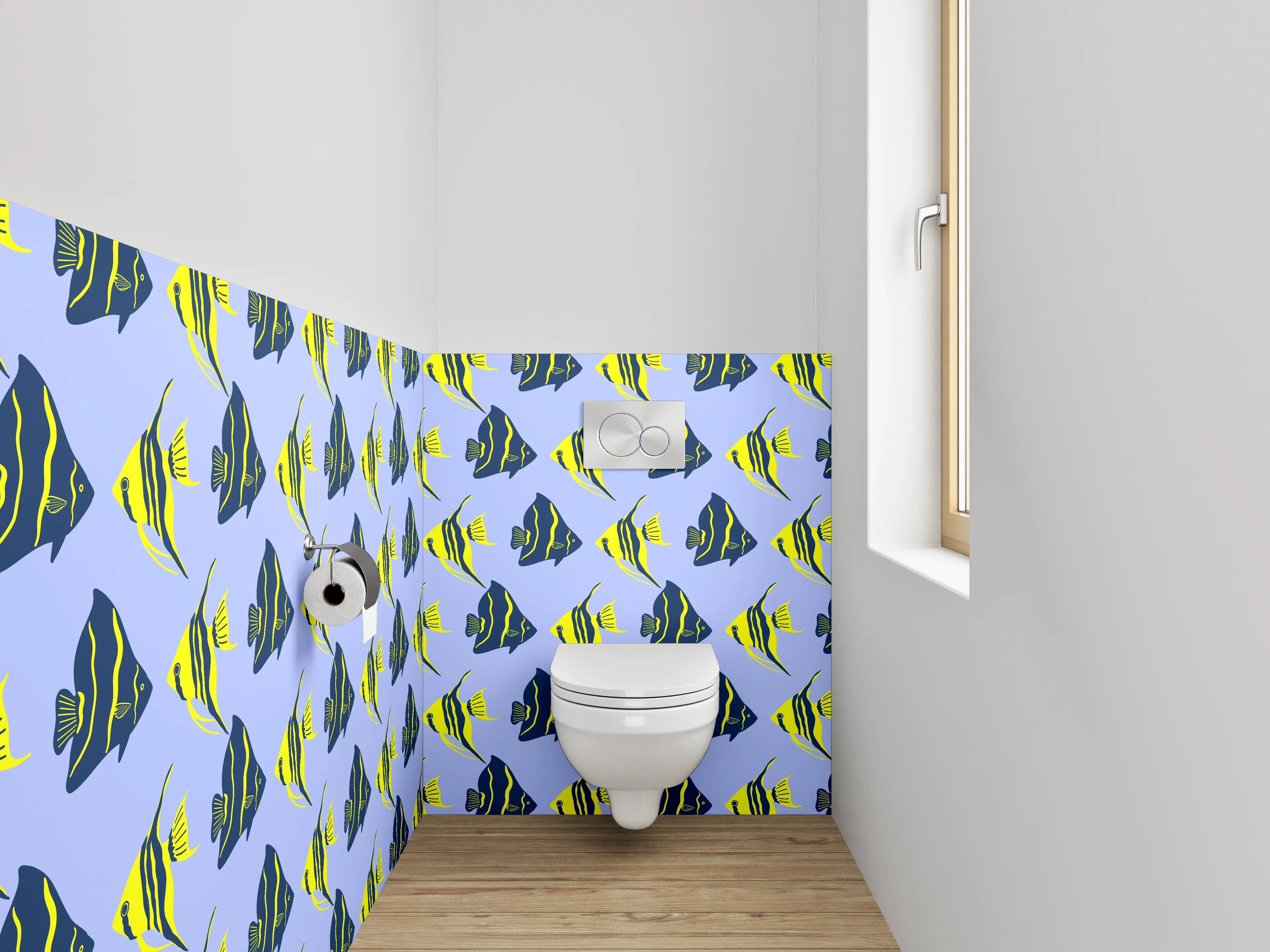 WC-Rückwand - Fische Muster Blau Gelb Aquatisch