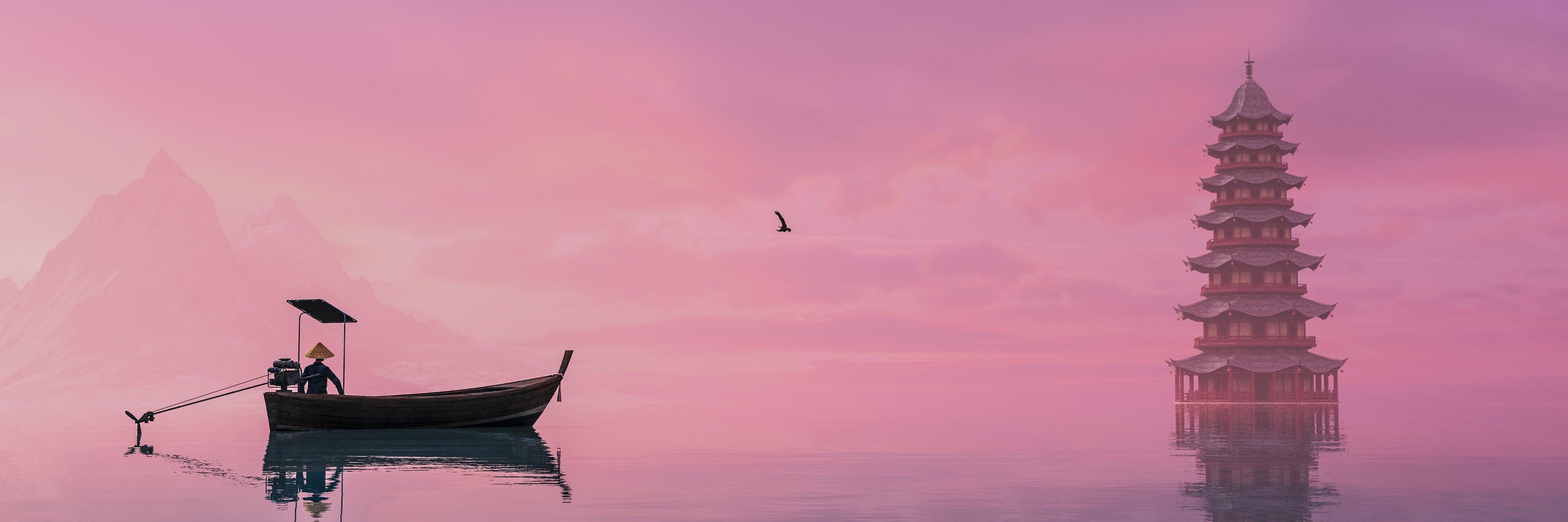 WC-Rückwand-Fischerboot im rosa Sonnenaufgang
