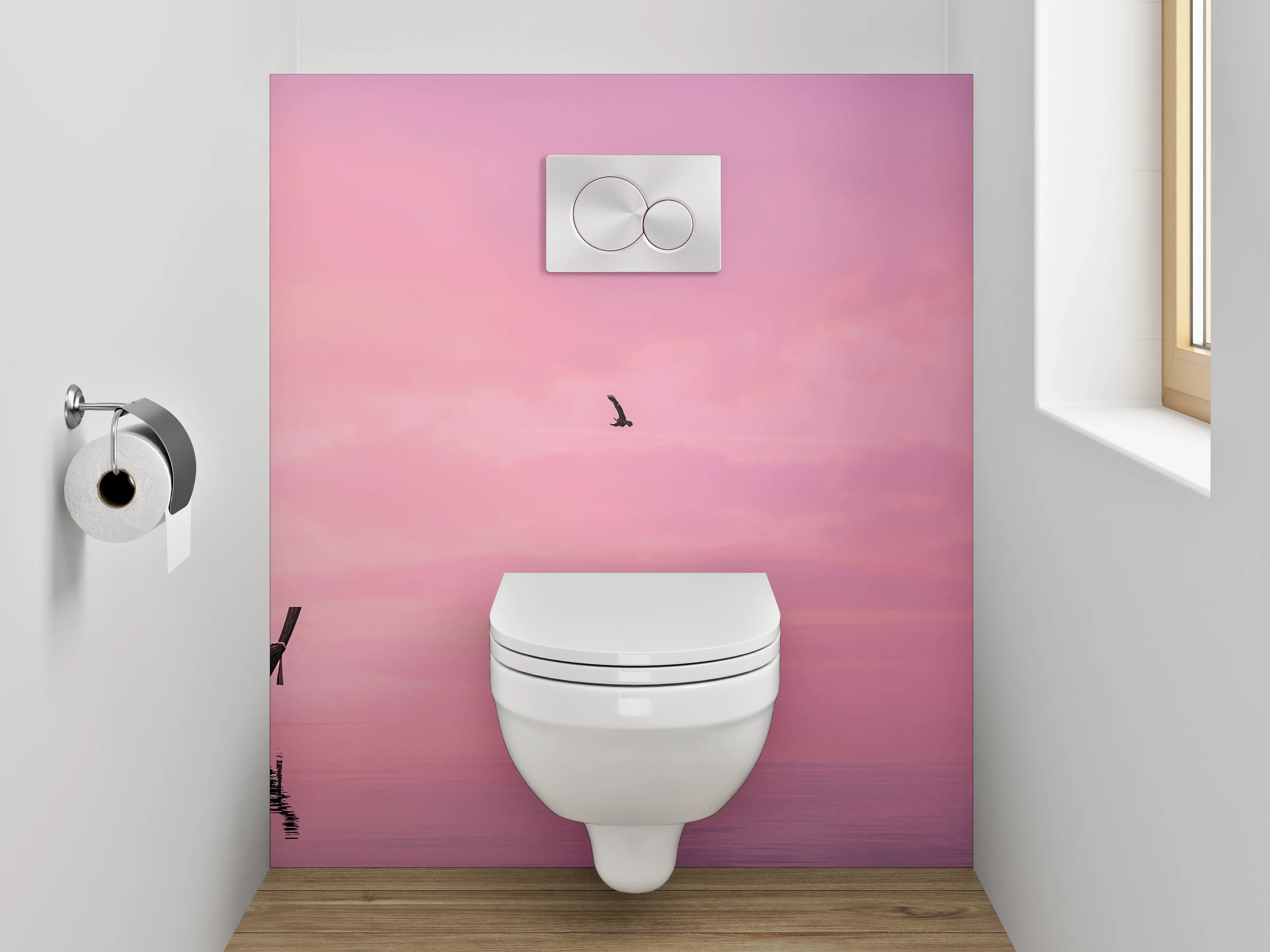 WC-Rückwand - Fischerboot im rosa Sonnenaufgang