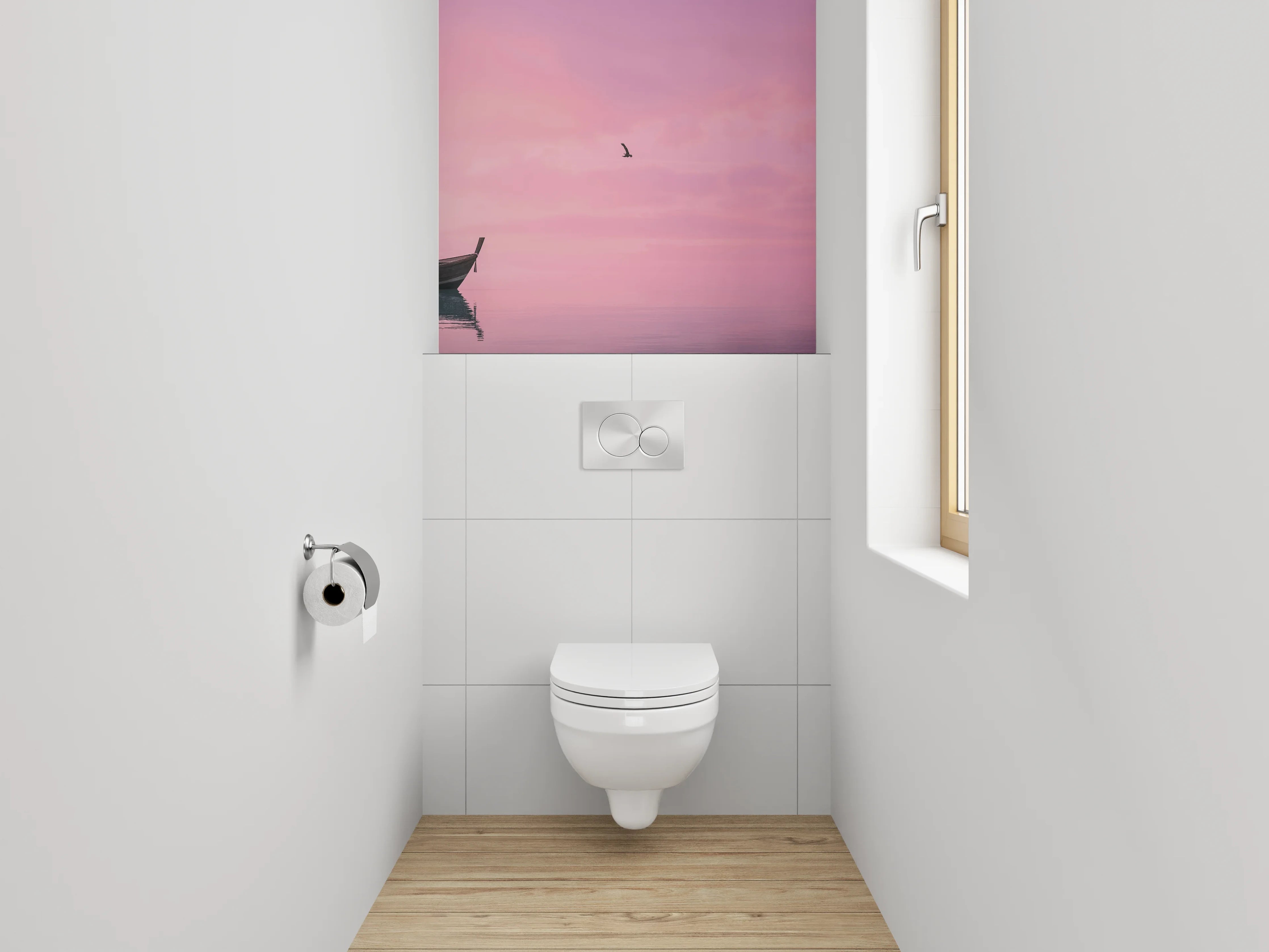 WC-Rückwand - Fischerboot im rosa Sonnenaufgang