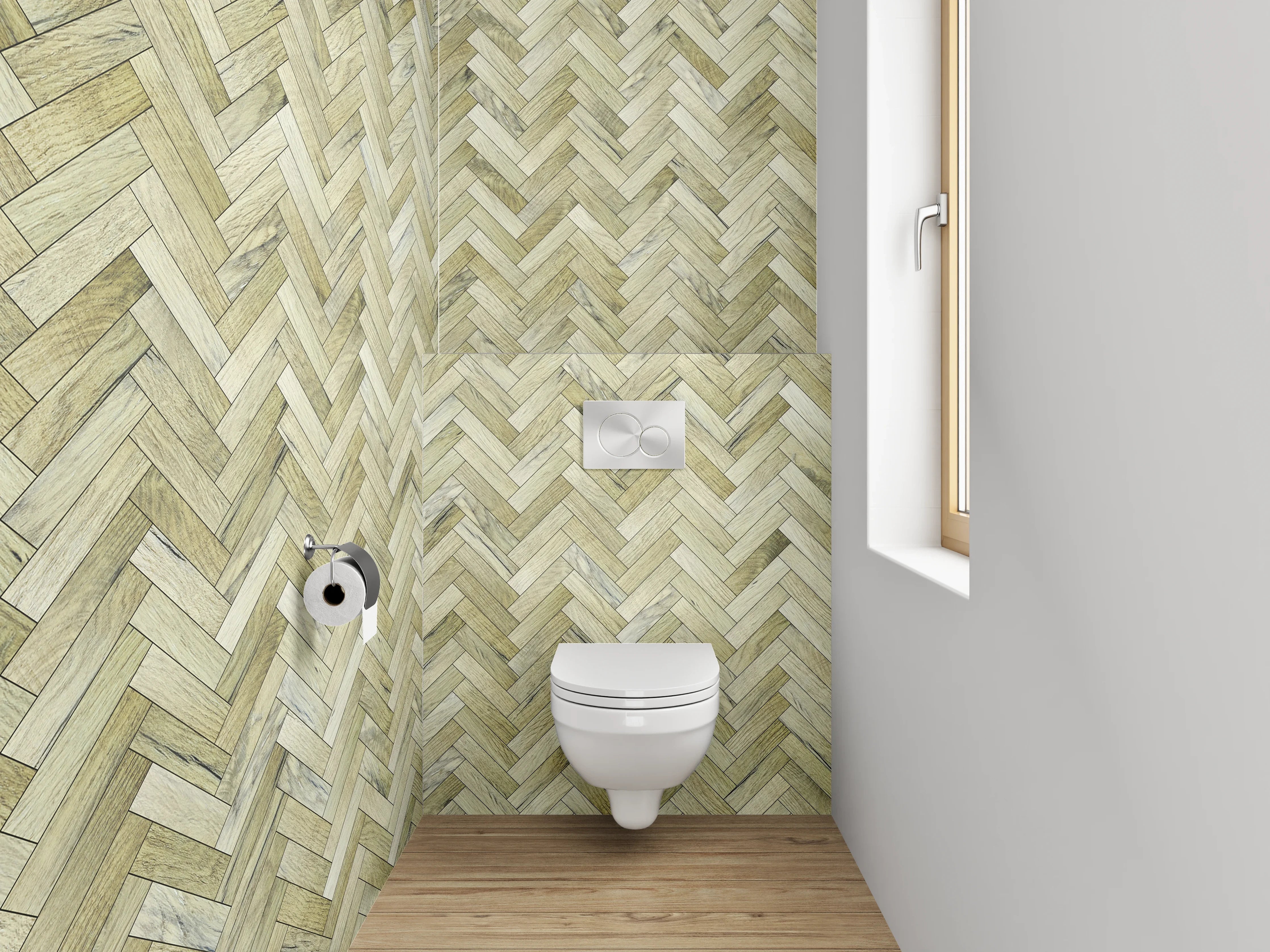 WC-Rückwand - Fischgrätenmuster Mosaik Steinoptik Beige