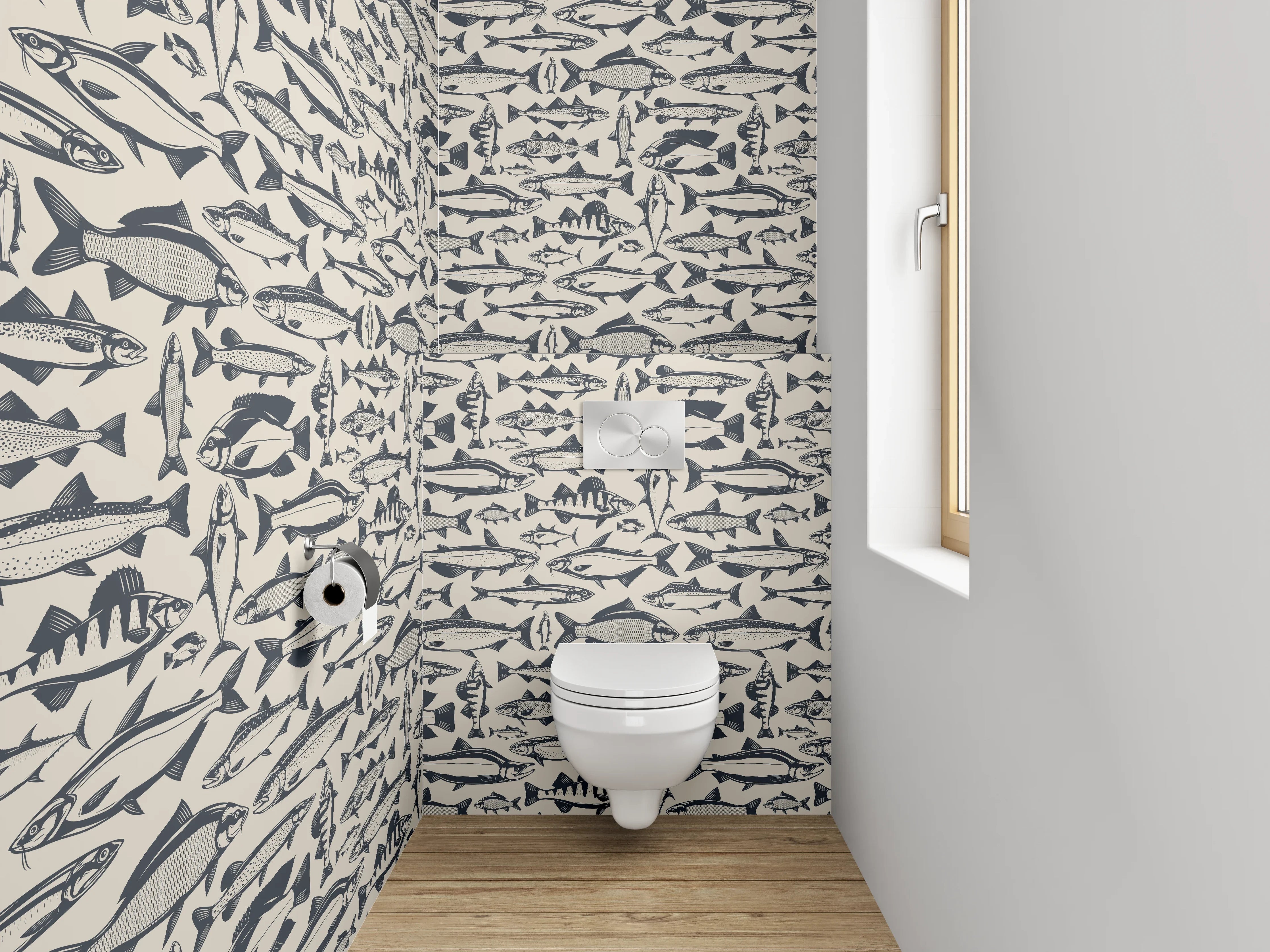 WC-Rückwand - Fischmuster Grafik maritim Schwarz-Weiß