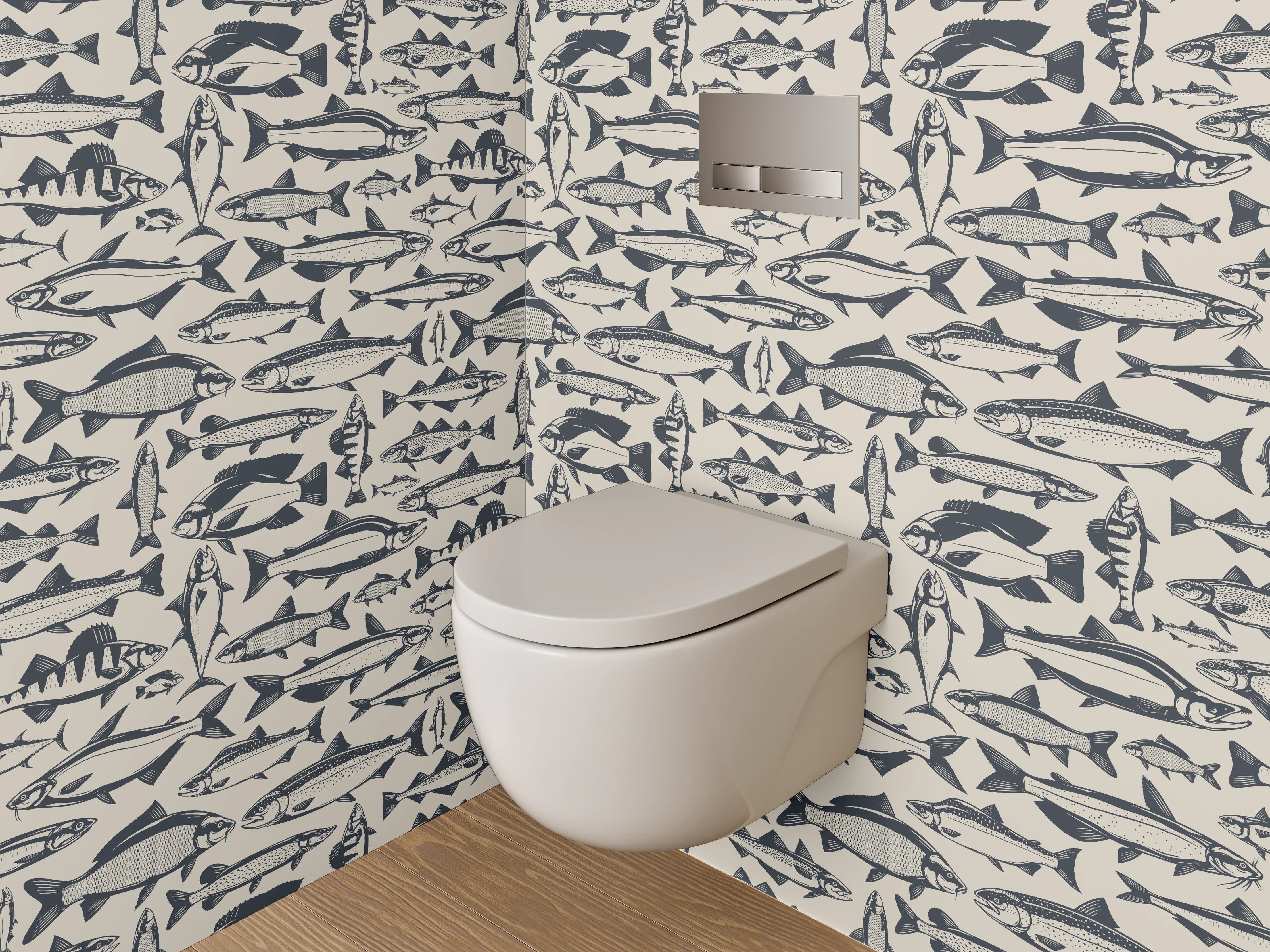 WC-Rückwand - Fischmuster Grafik maritim Schwarz-Weiß