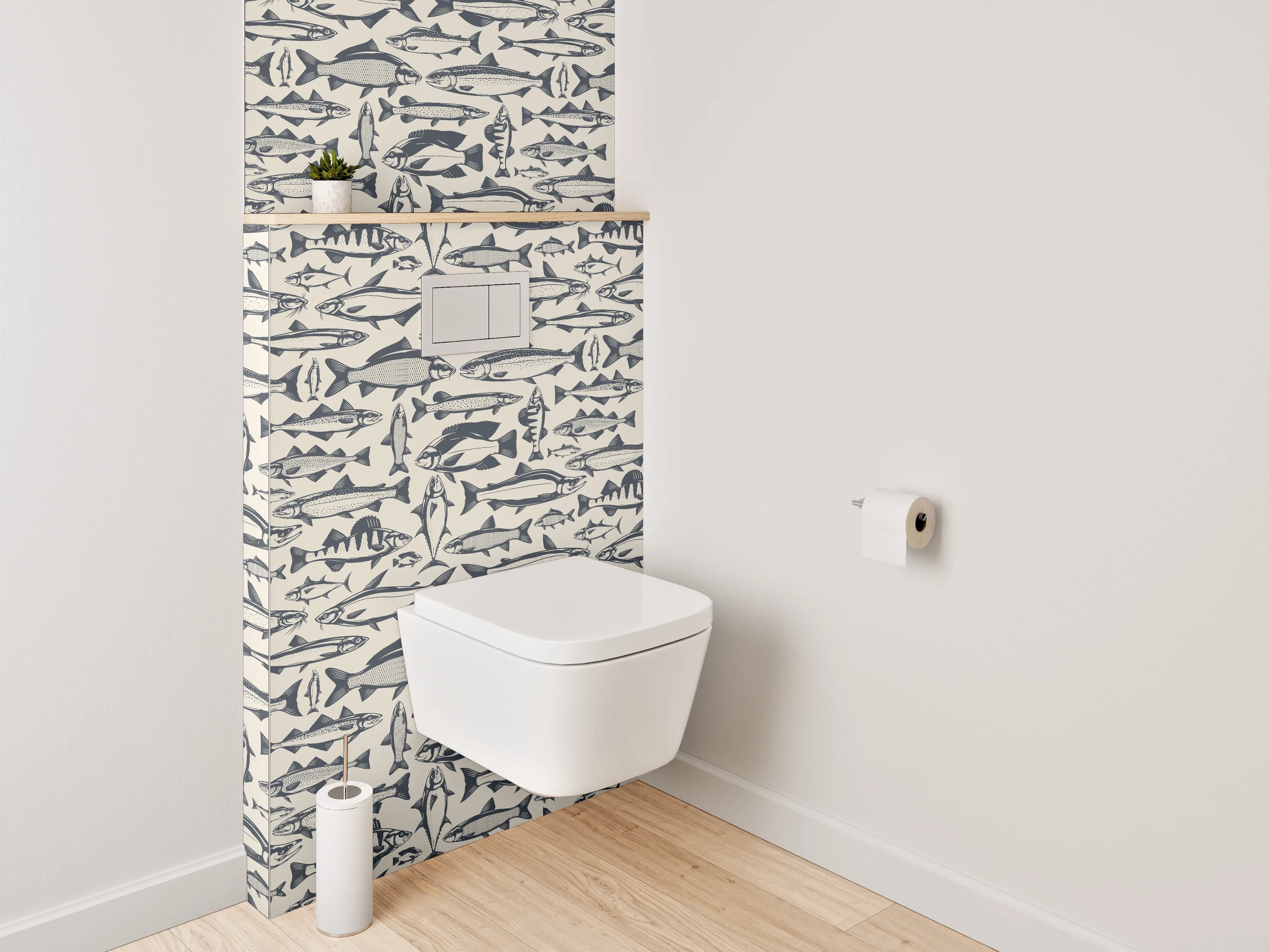 WC-Rückwand - Fischmuster Grafik maritim Schwarz-Weiß