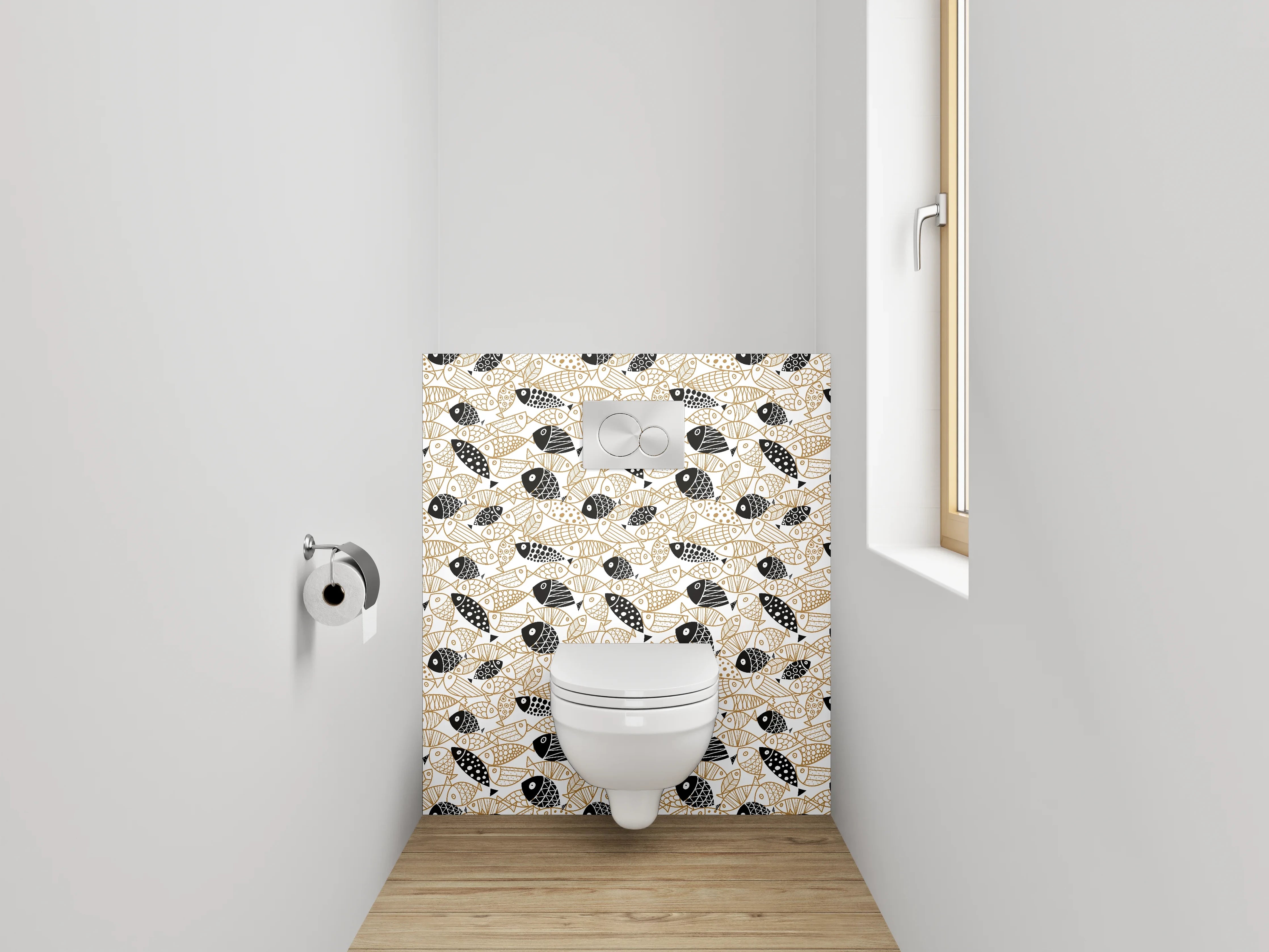 WC-Rückwand - Fischmuster Schwarz Weiß Gold