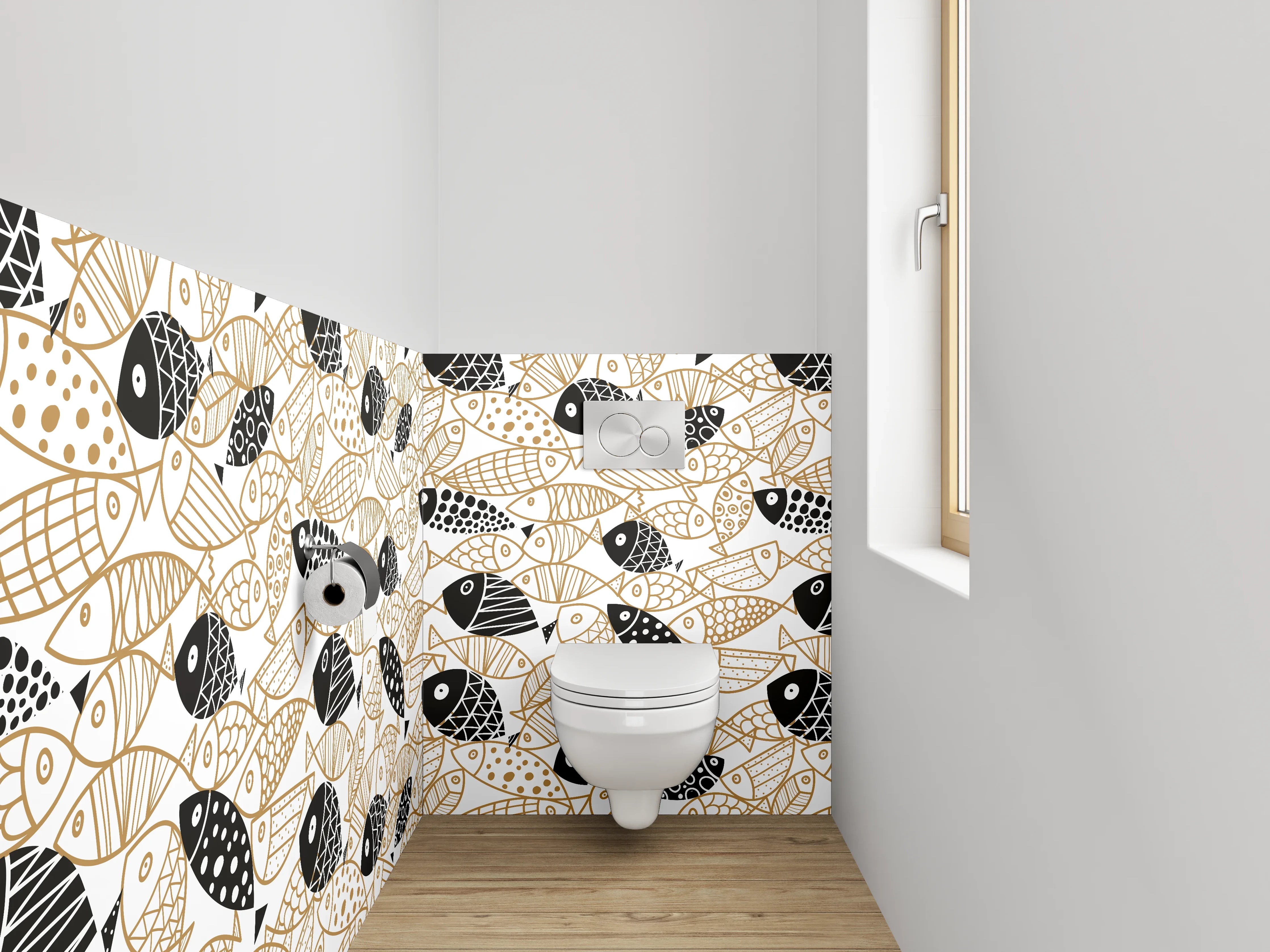 WC-Rückwand - Fischmuster Schwarz Weiß Gold