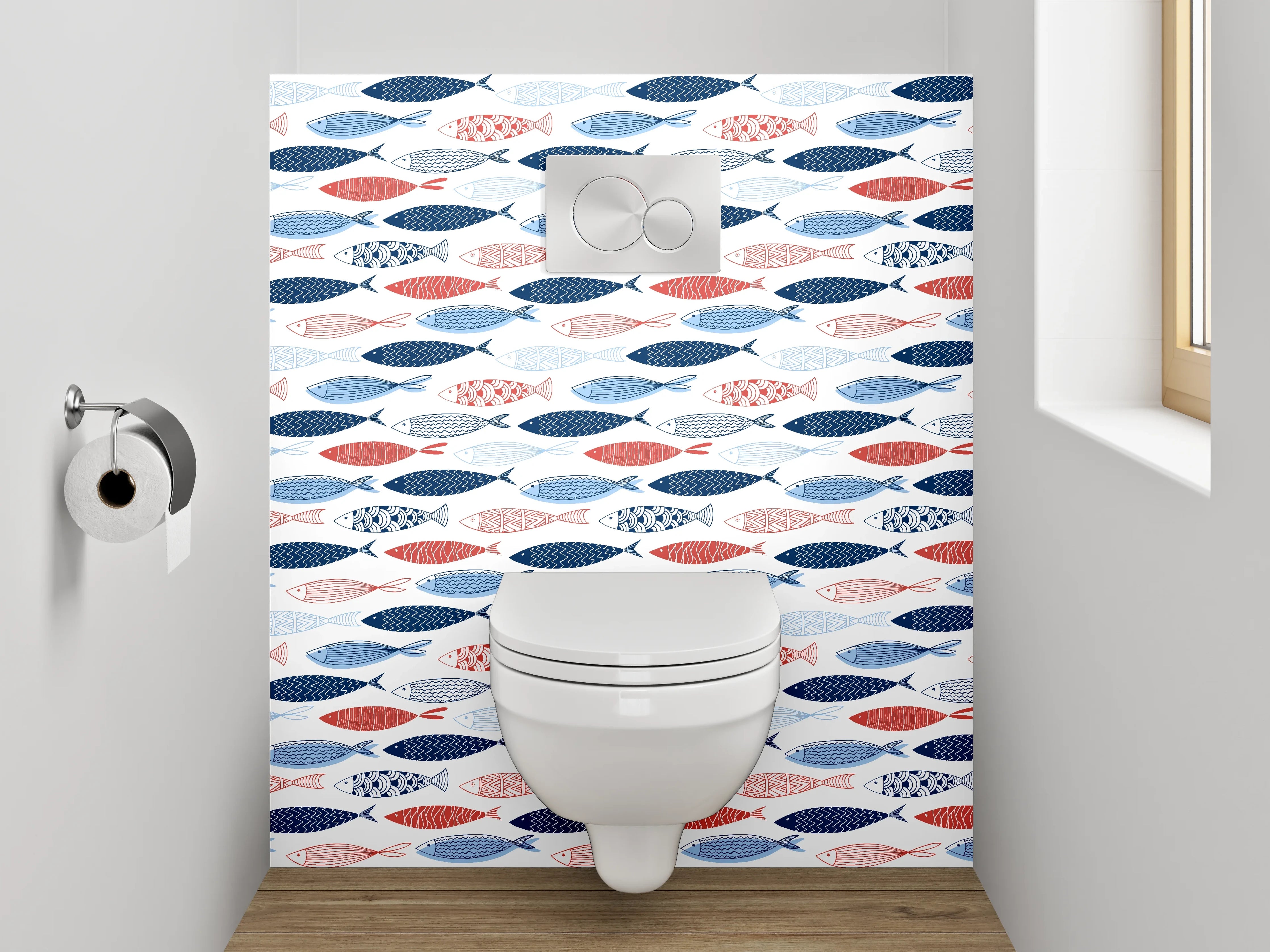 WC-Rückwand - Fischmuster in Blau und Rot