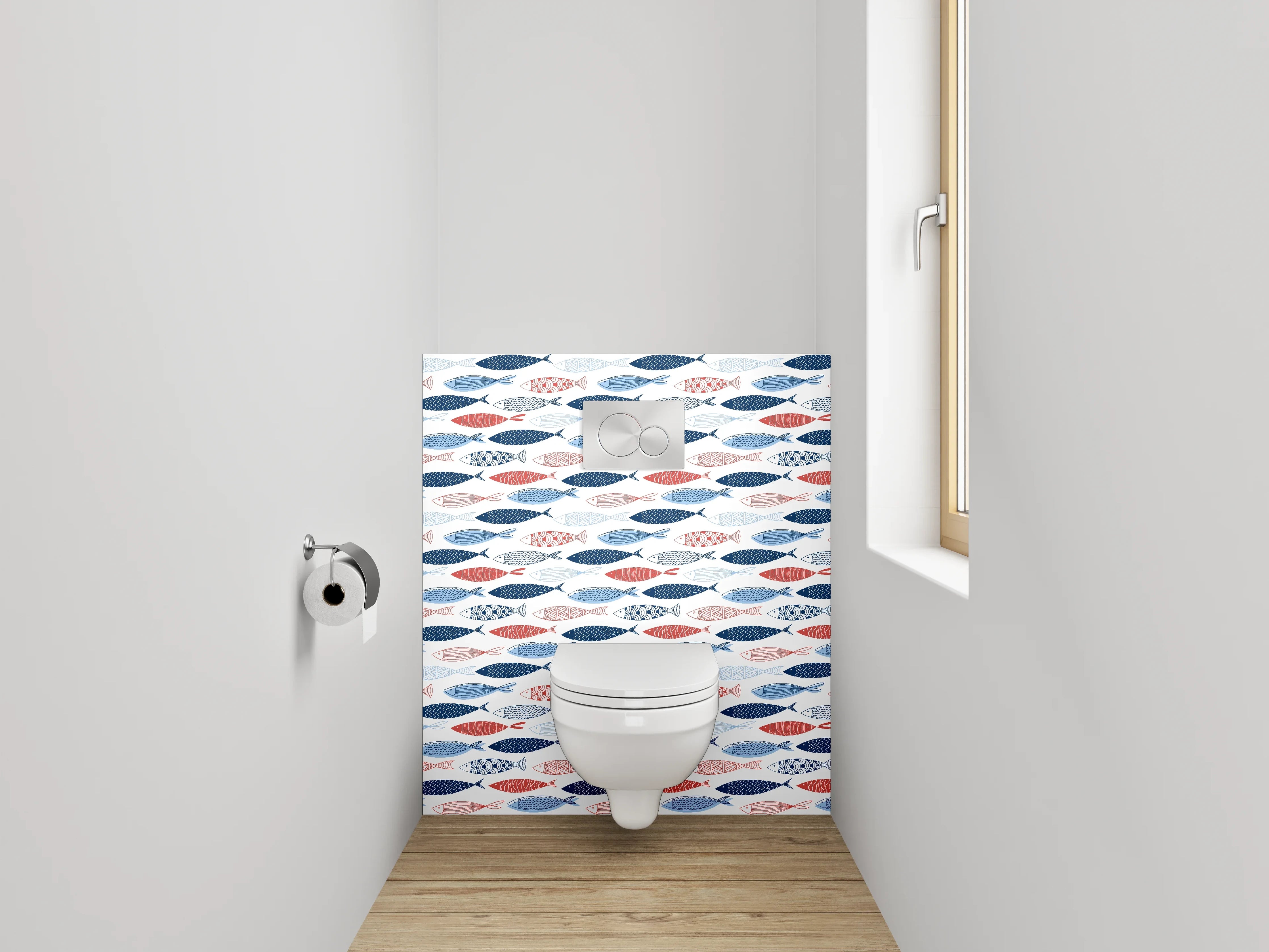 WC-Rückwand - Fischmuster in Blau und Rot