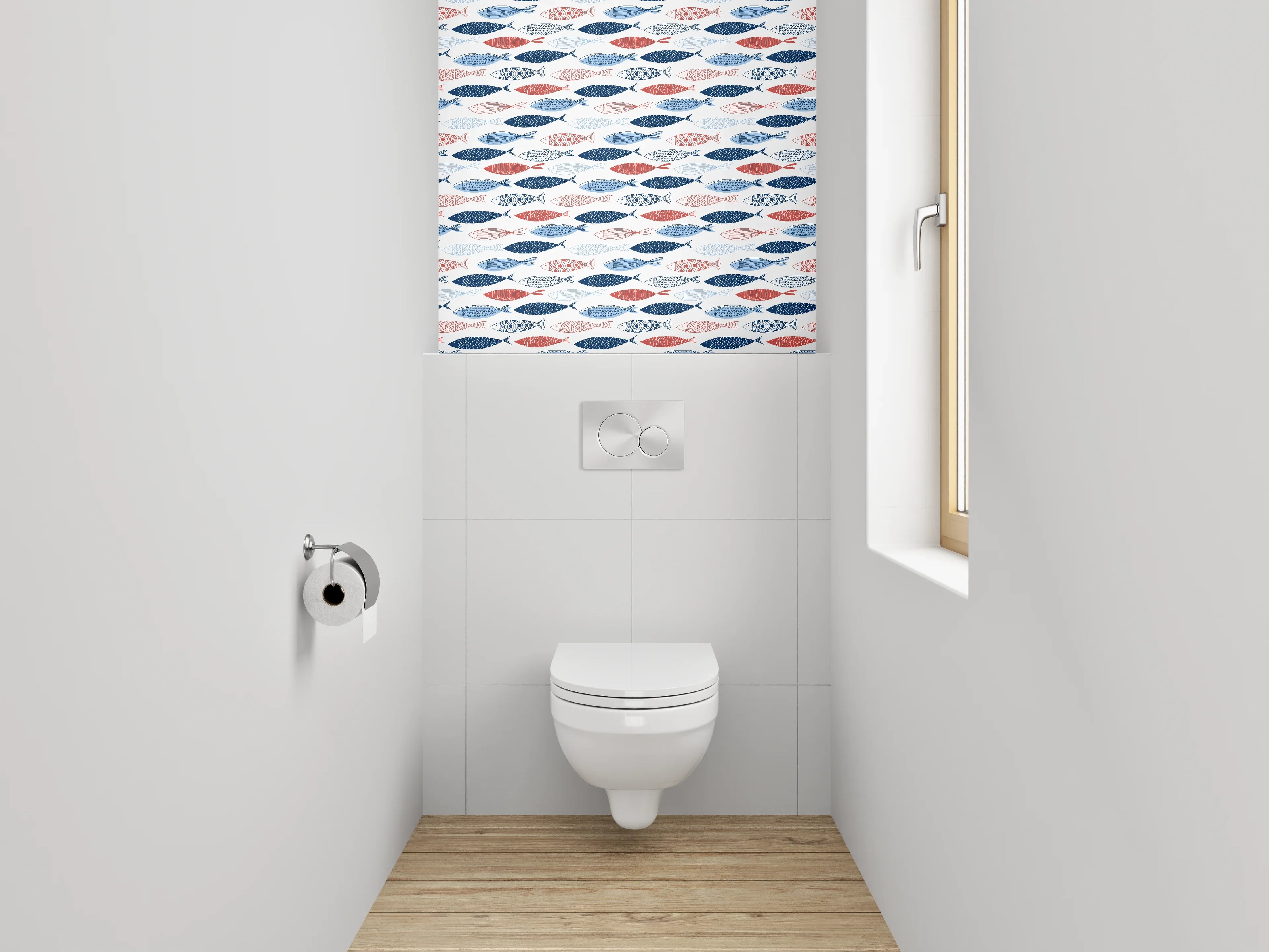 WC-Rückwand - Fischmuster in Blau und Rot