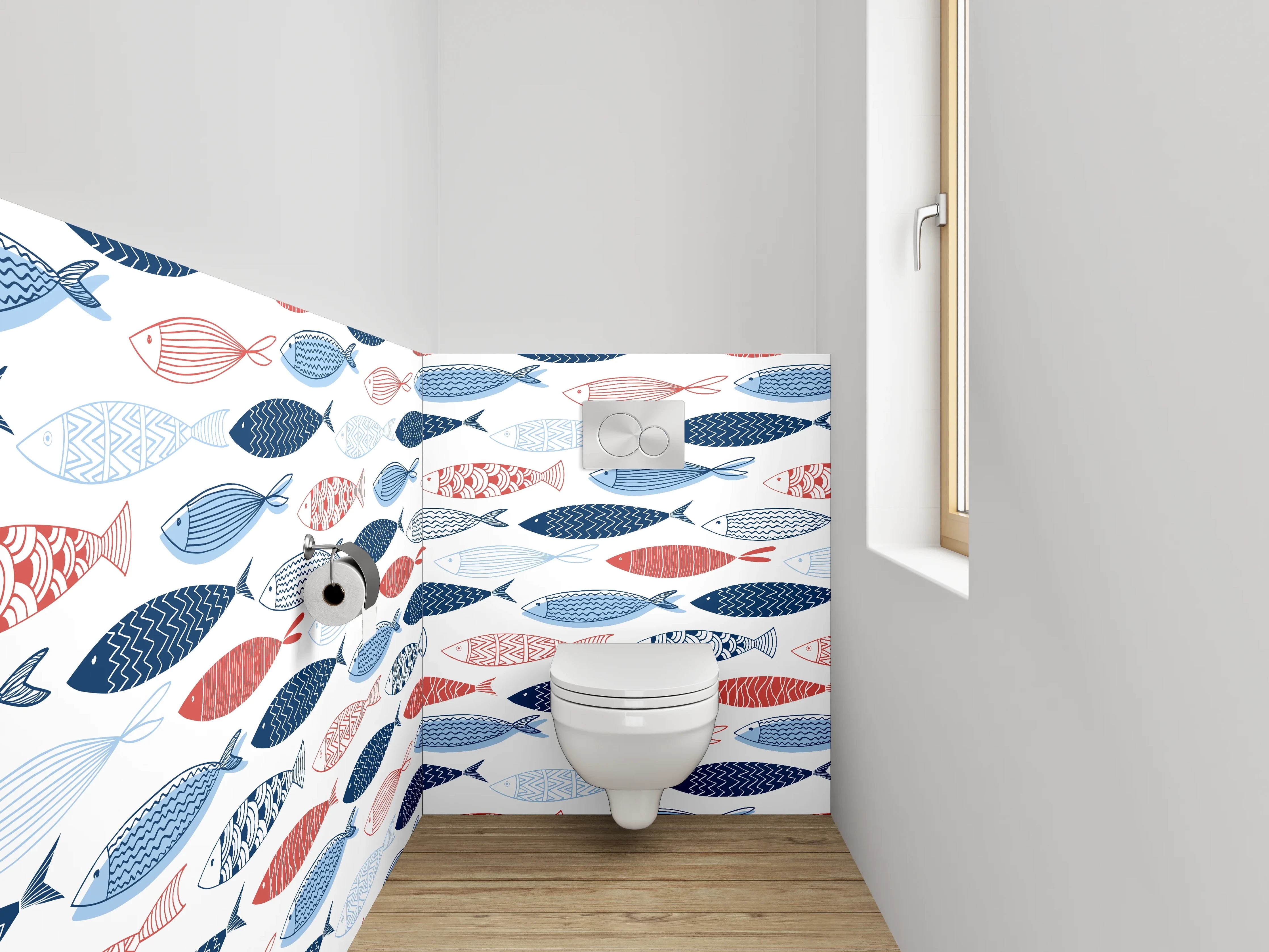 WC-Rückwand - Fischmuster in Blau und Rot