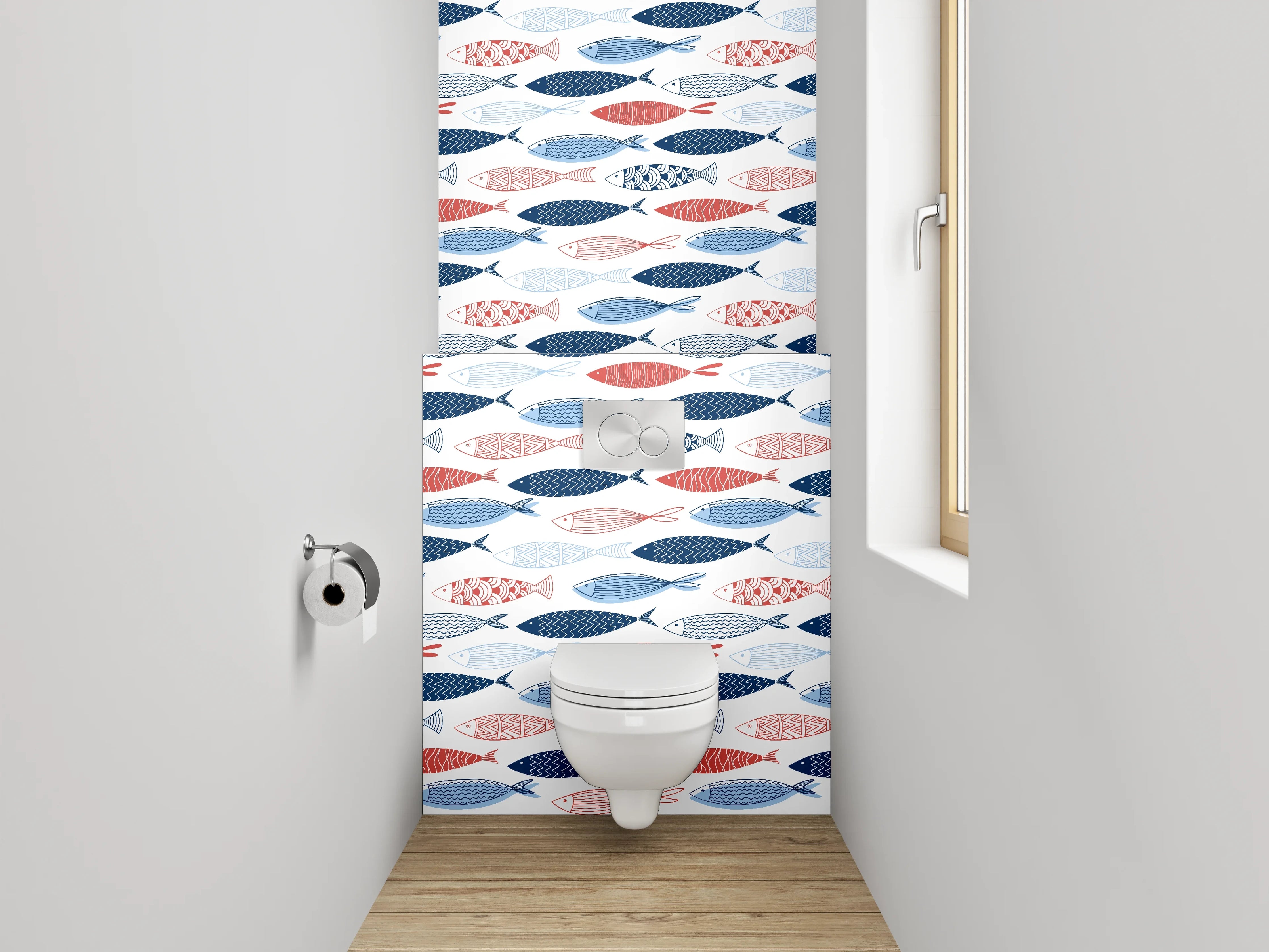 WC-Rückwand - Fischmuster in Blau und Rot