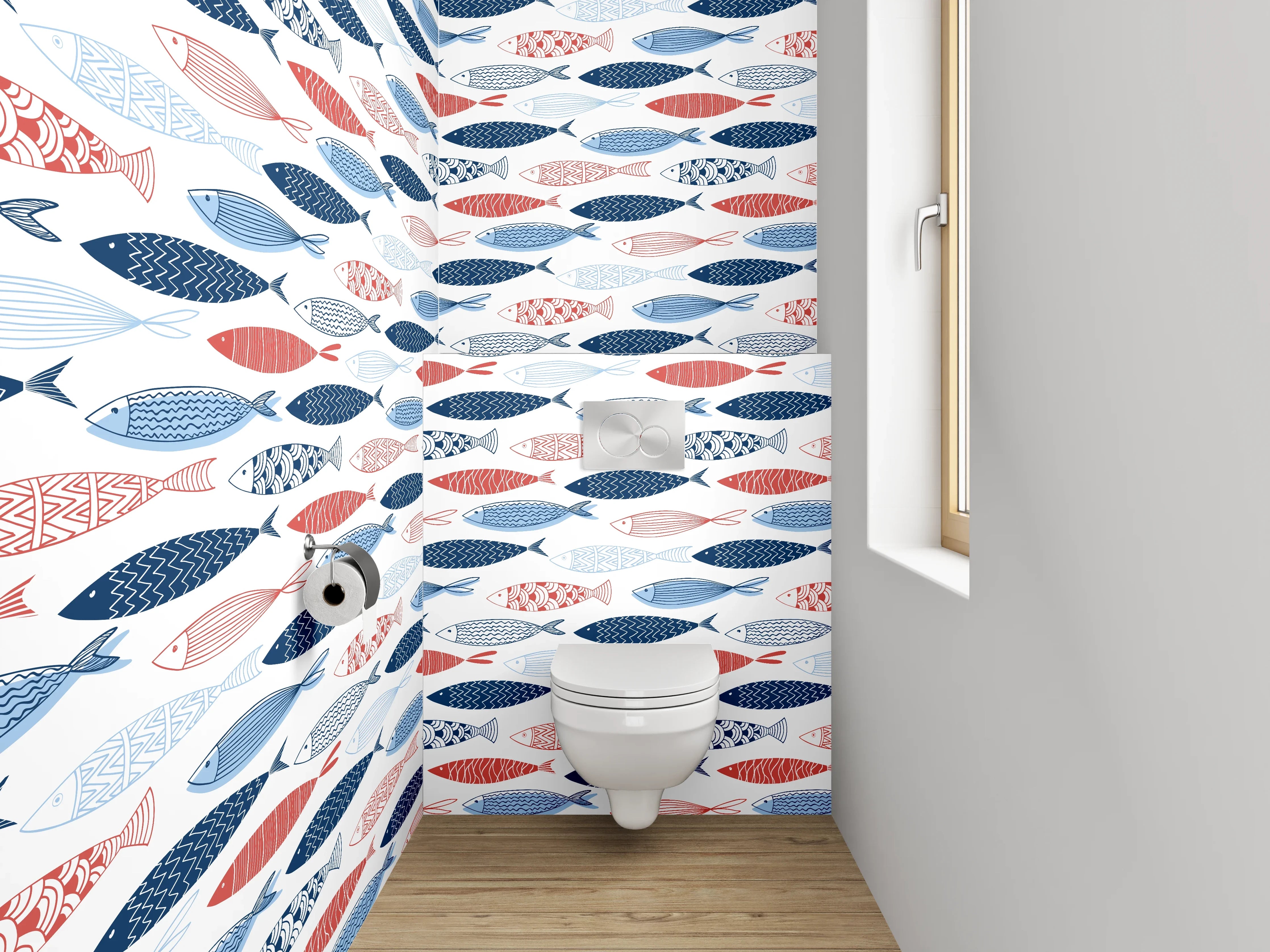 WC-Rückwand - Fischmuster in Blau und Rot