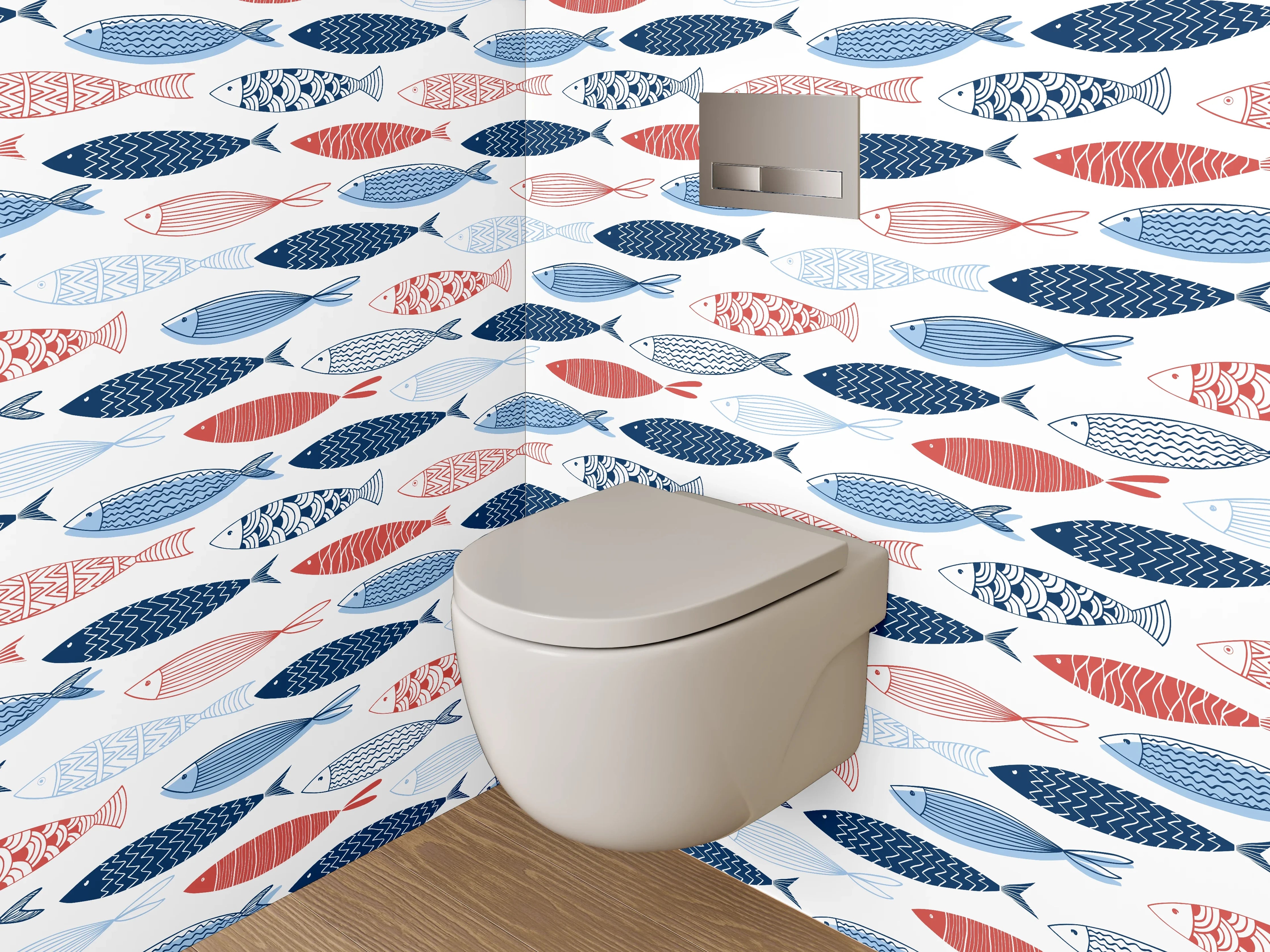 WC-Rückwand - Fischmuster in Blau und Rot