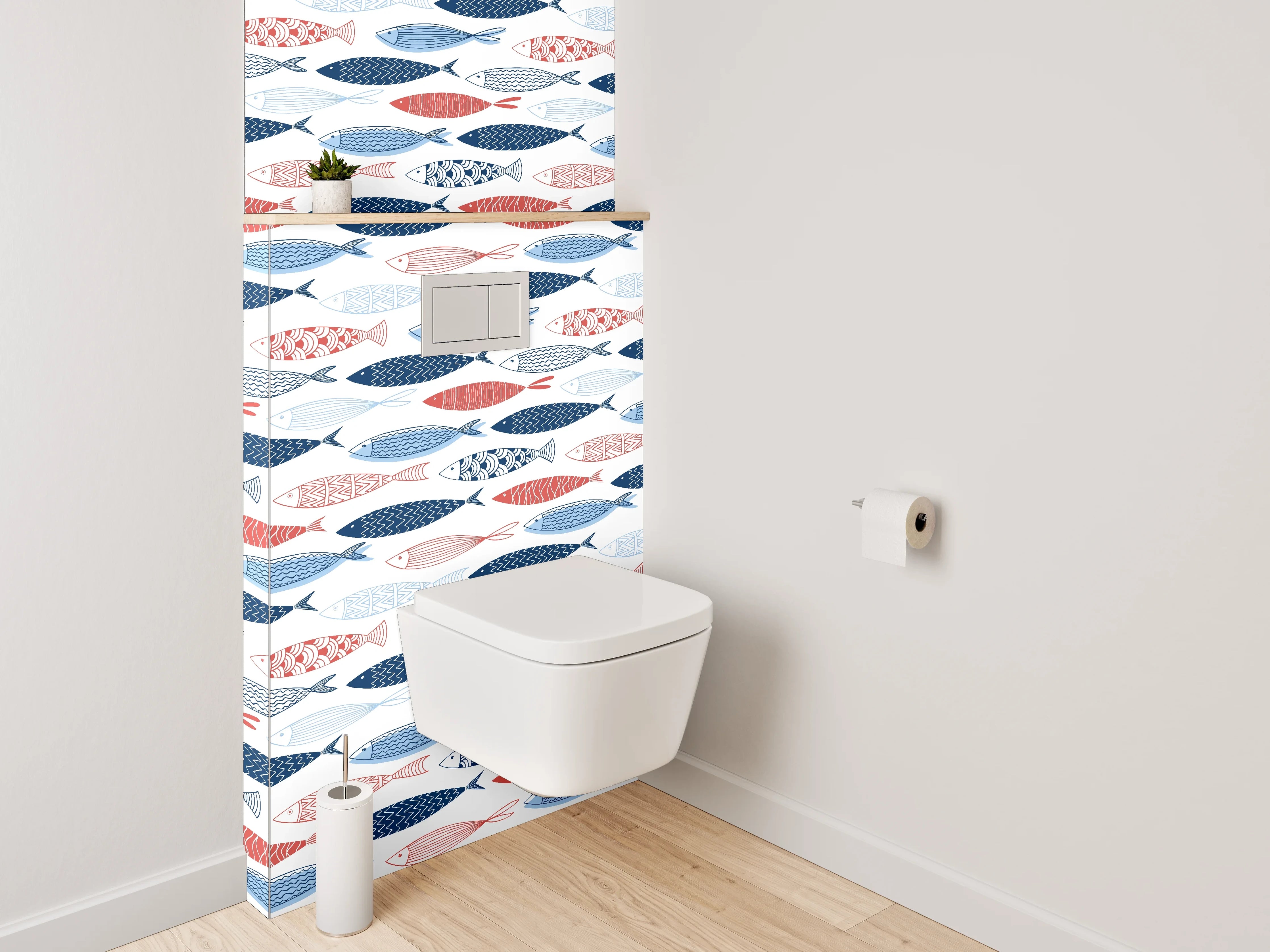 WC-Rückwand - Fischmuster in Blau und Rot