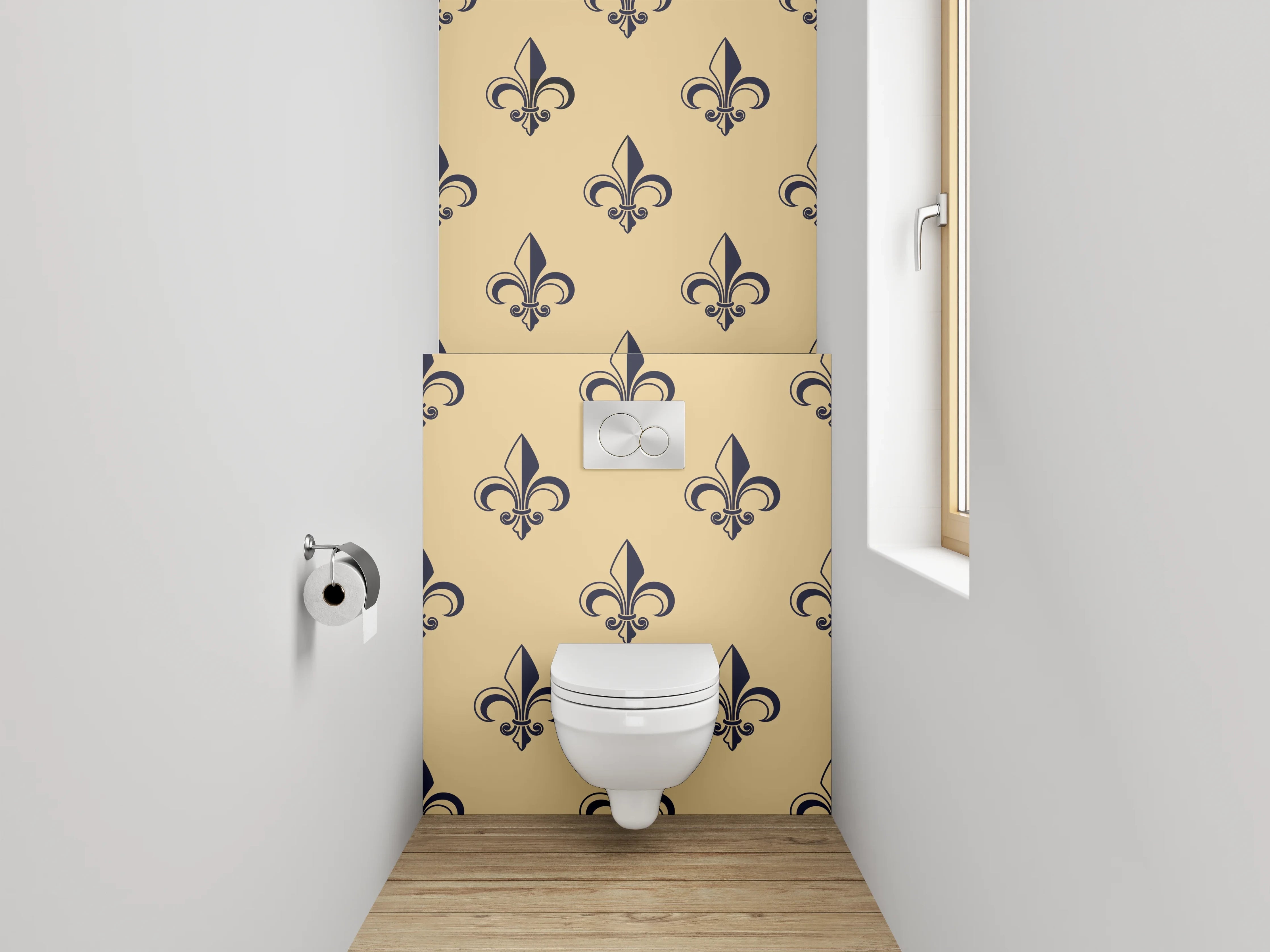 WC-Rückwand - Fleur-de-Lis Muster beige schwarz