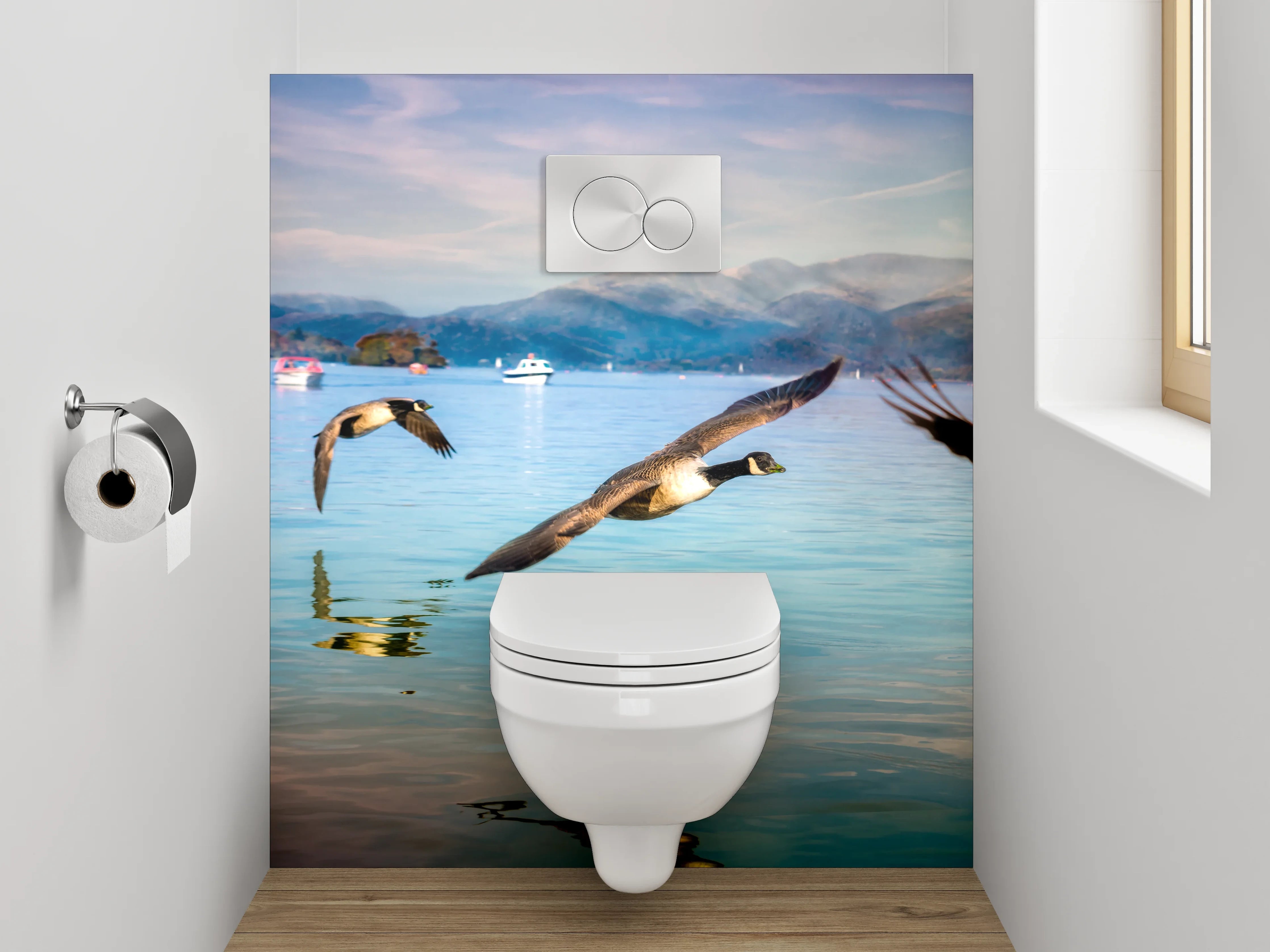 WC-Rückwand - Fliegende Wildgänse am Seeufer