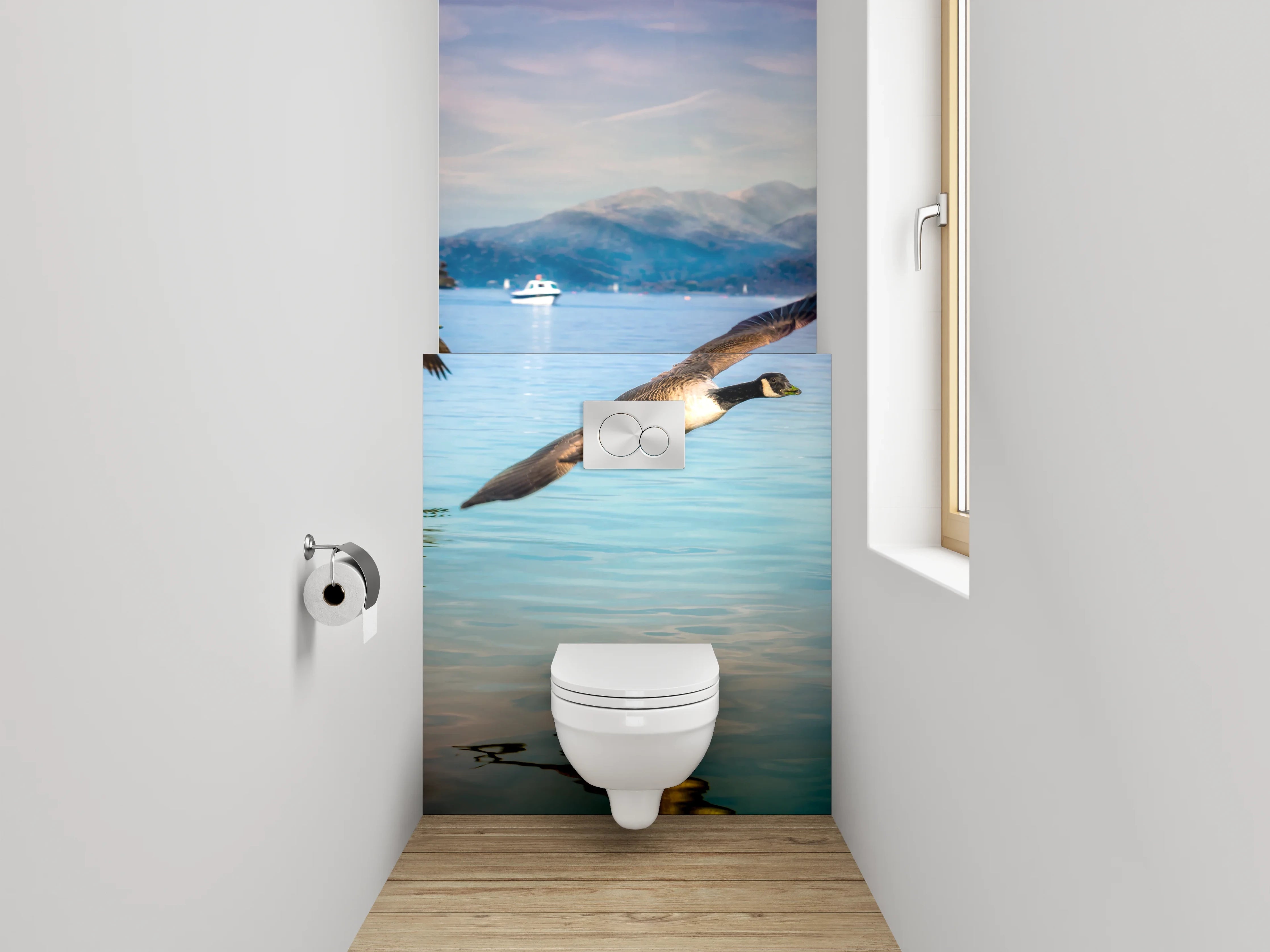 WC-Rückwand - Fliegende Wildgänse am Seeufer
