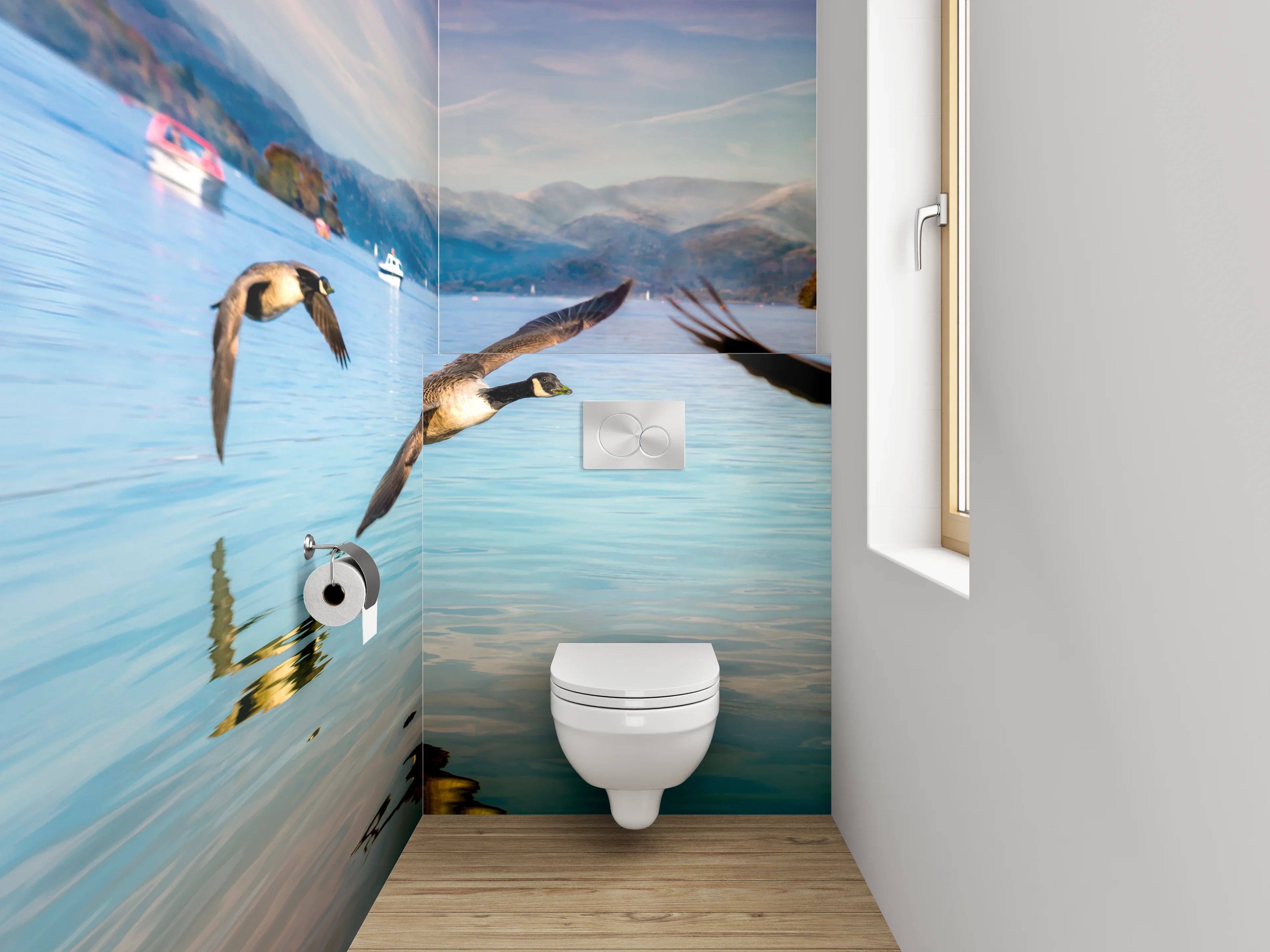 WC-Rückwand - Fliegende Wildgänse am Seeufer