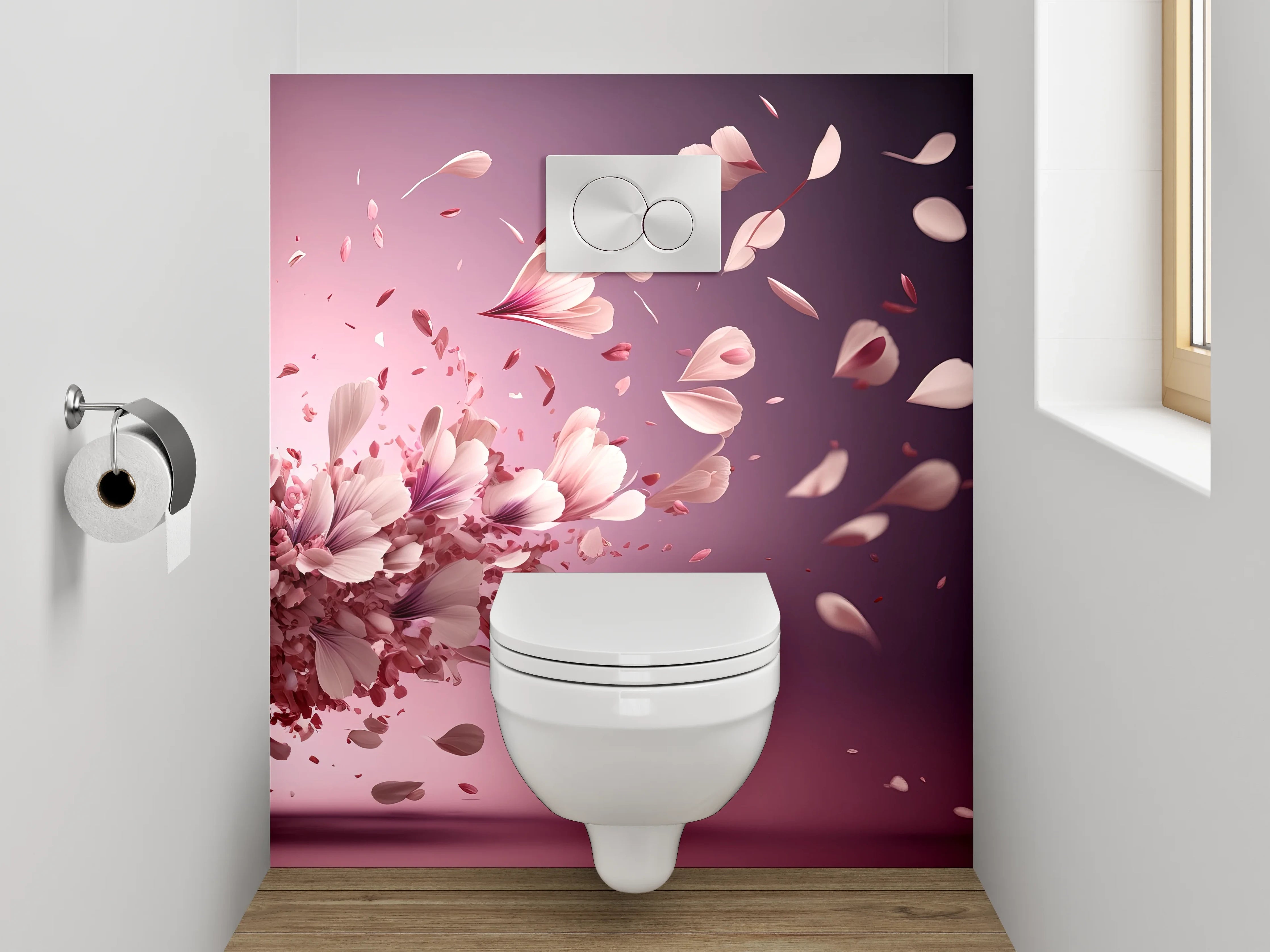 WC-Rückwand - Fliegende rosa Blütenblätter Kunst