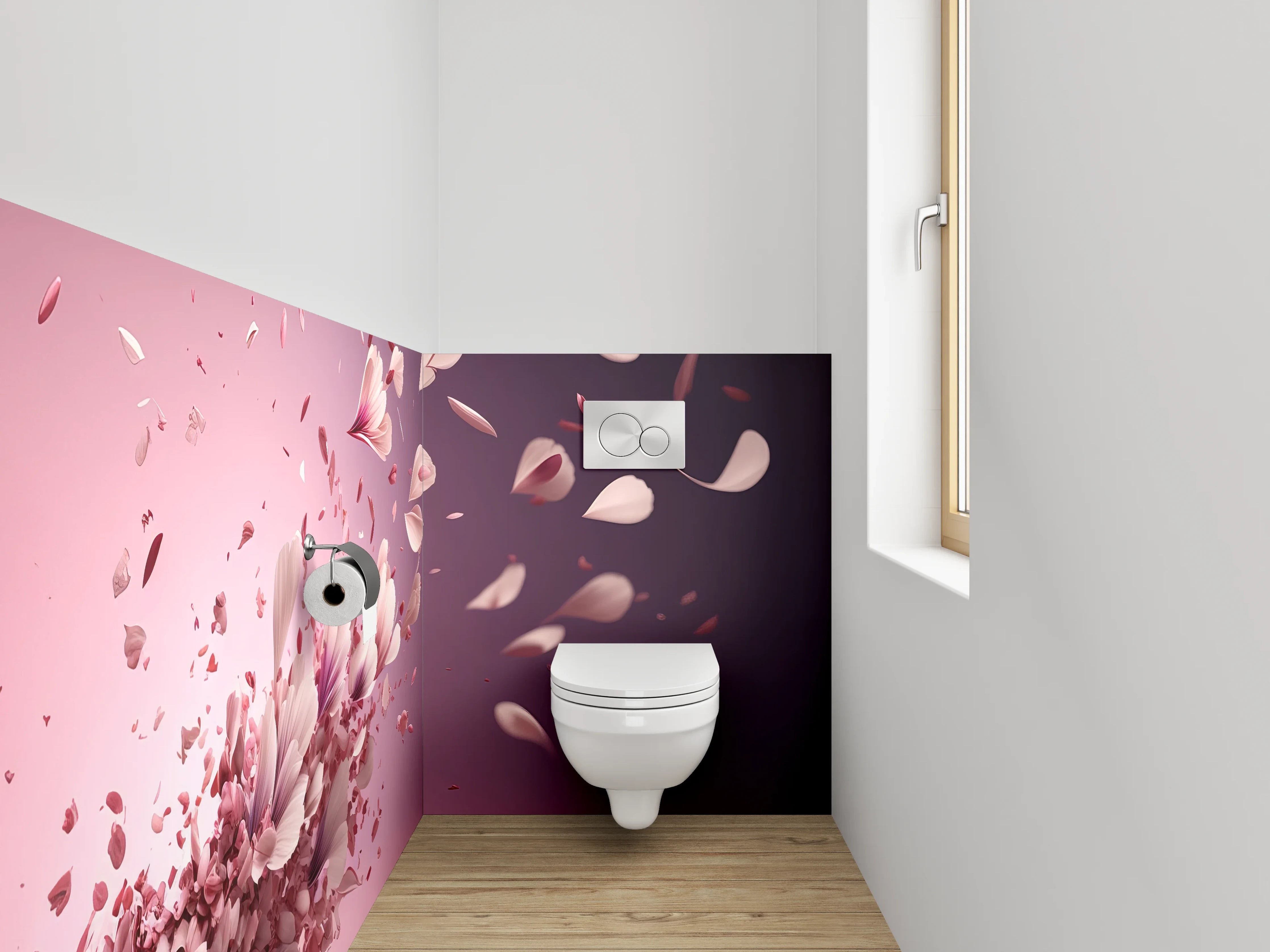 WC-Rückwand - Fliegende rosa Blütenblätter Kunst