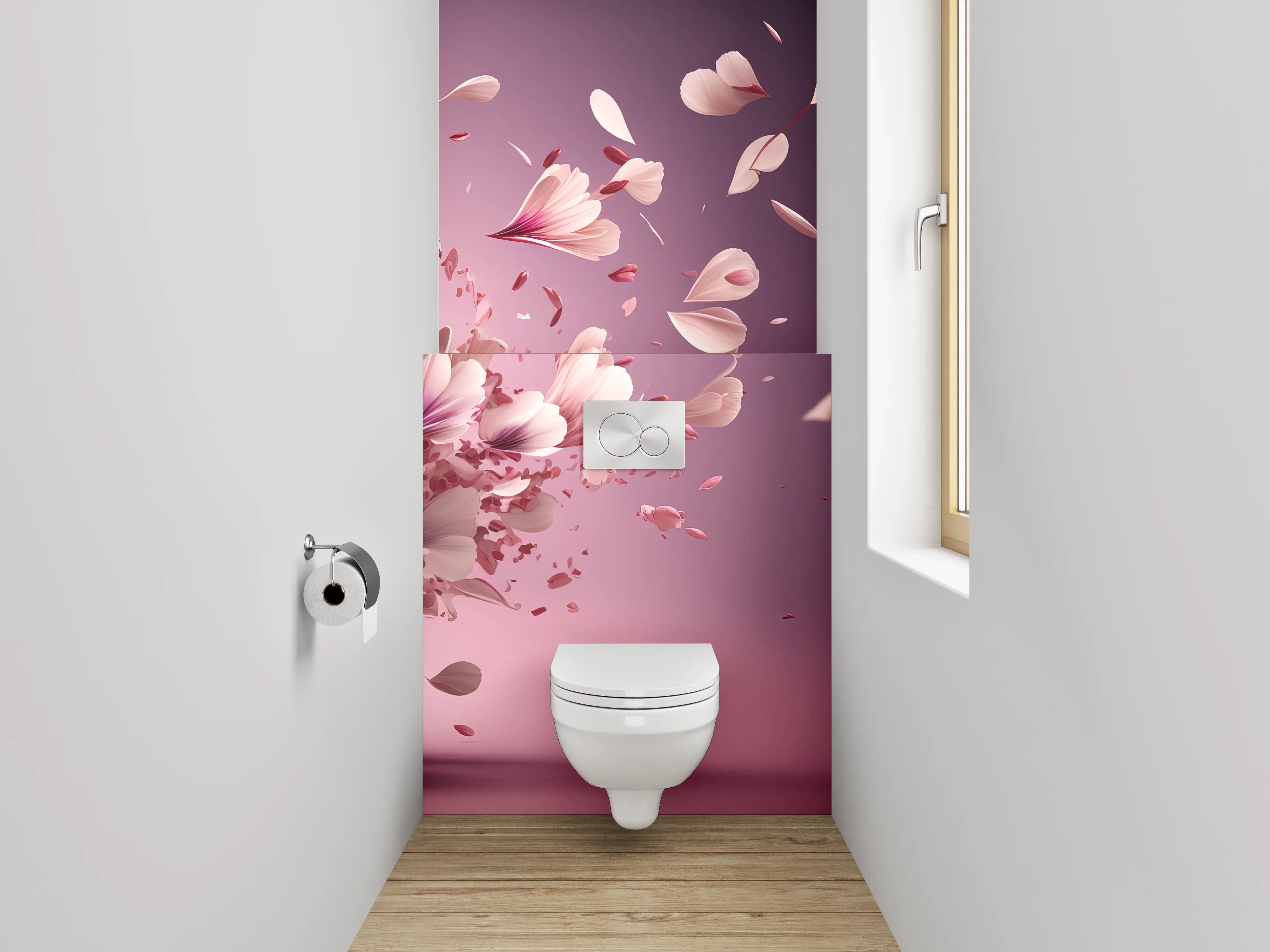 WC-Rückwand - Fliegende rosa Blütenblätter Kunst