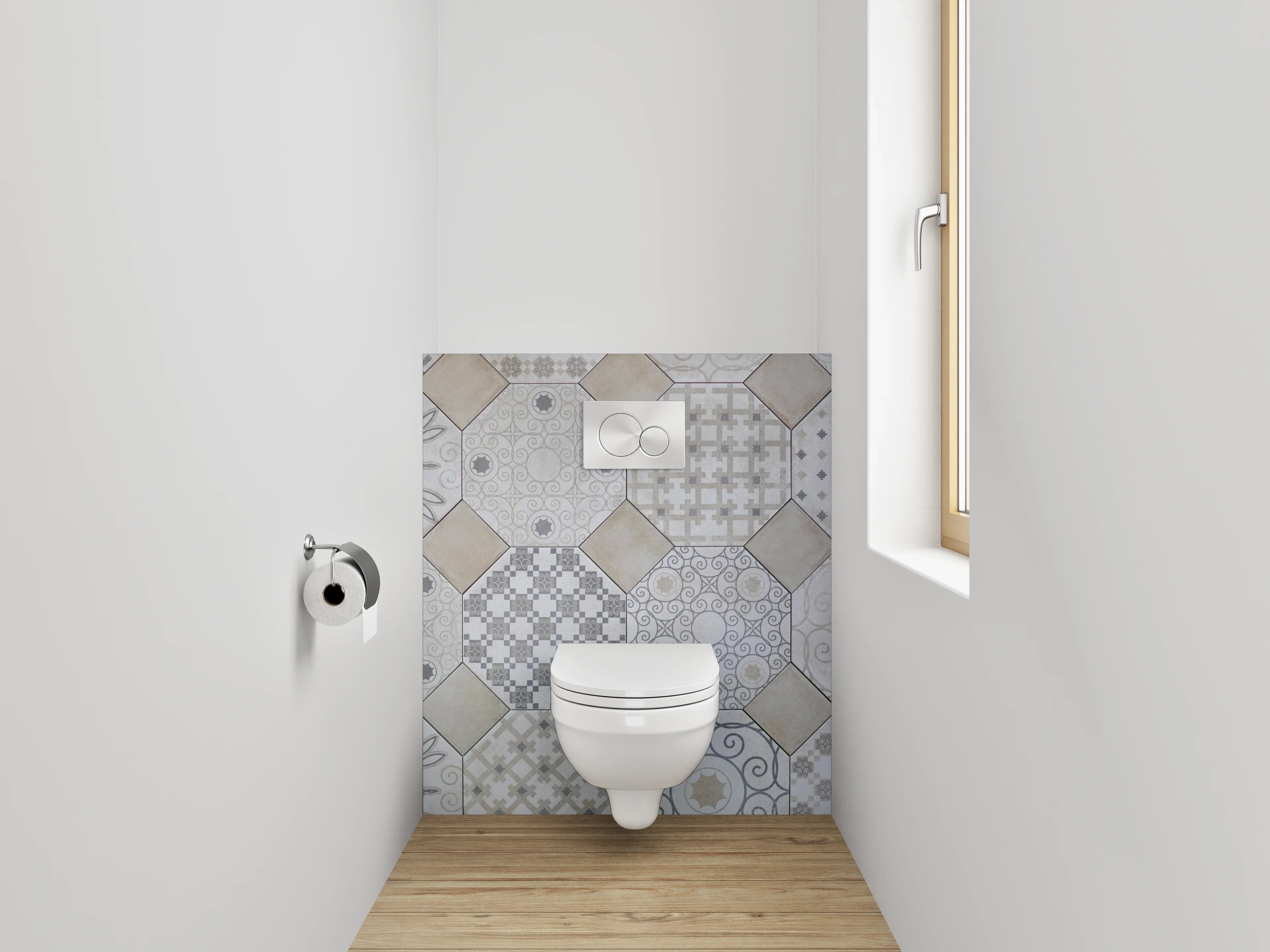 WC-Rückwand - Fliesenmuster Vintage Beige Grau Weiß