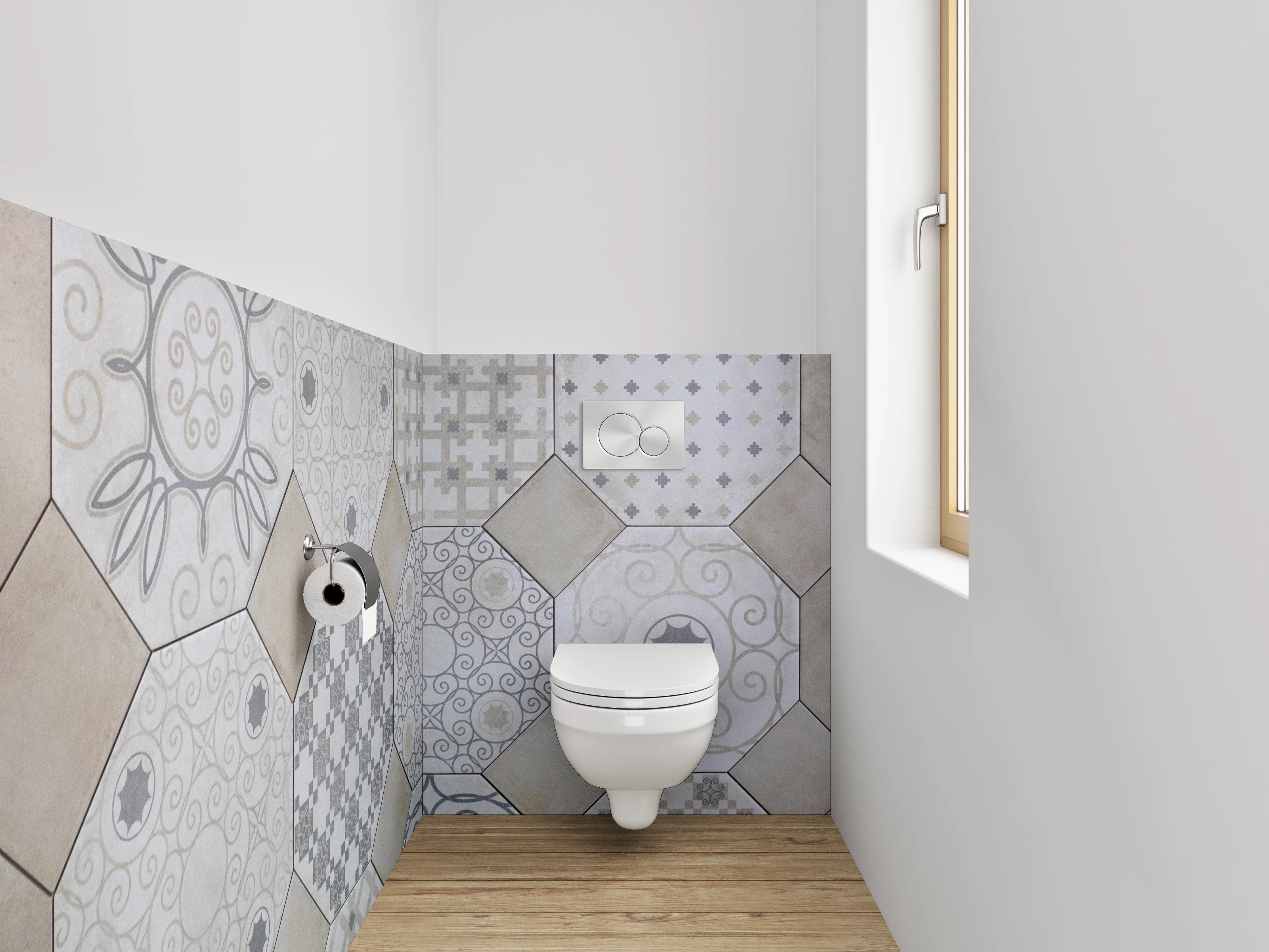 WC-Rückwand - Fliesenmuster Vintage Beige Grau Weiß