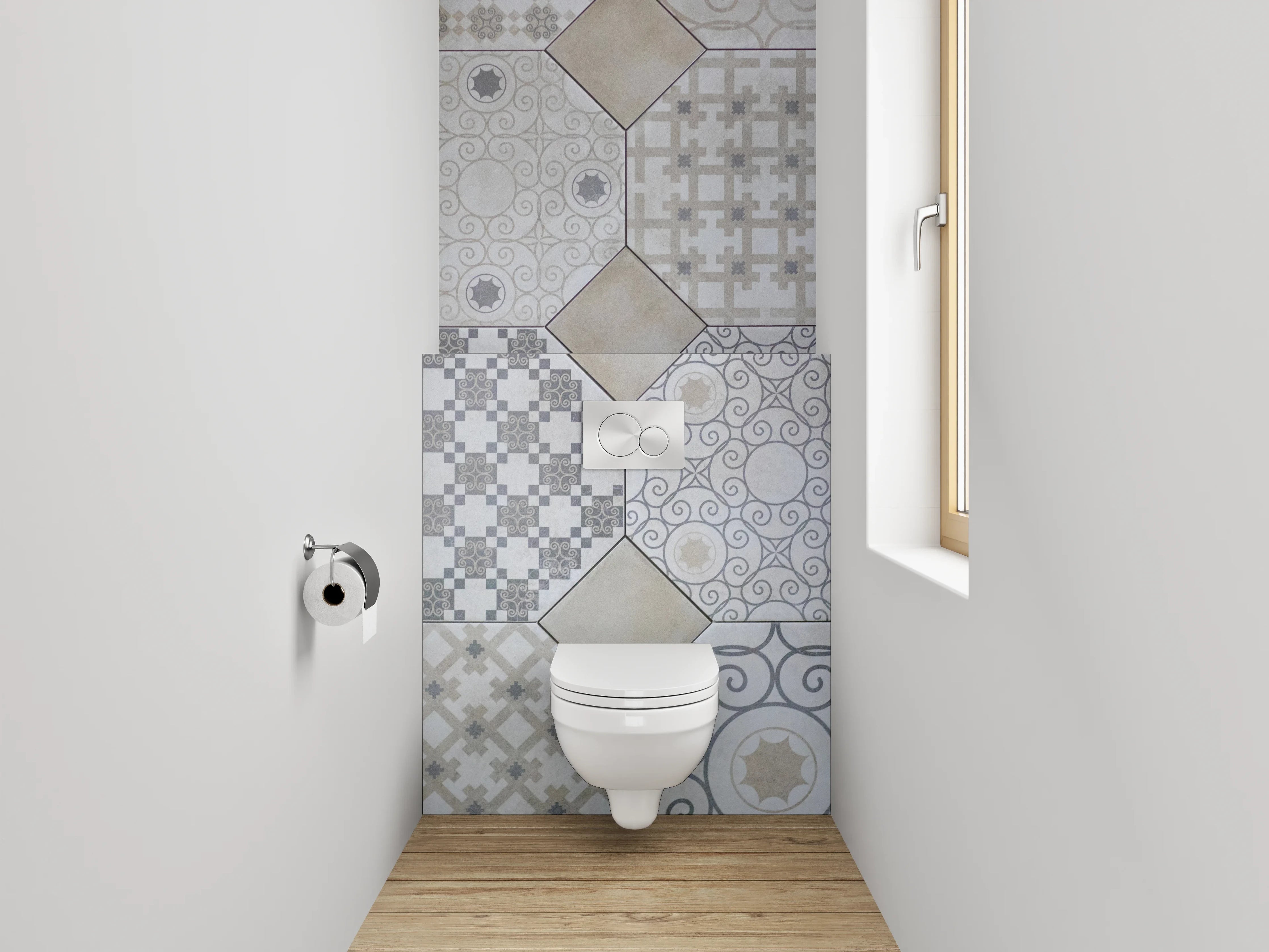 WC-Rückwand - Fliesenmuster Vintage Beige Grau Weiß