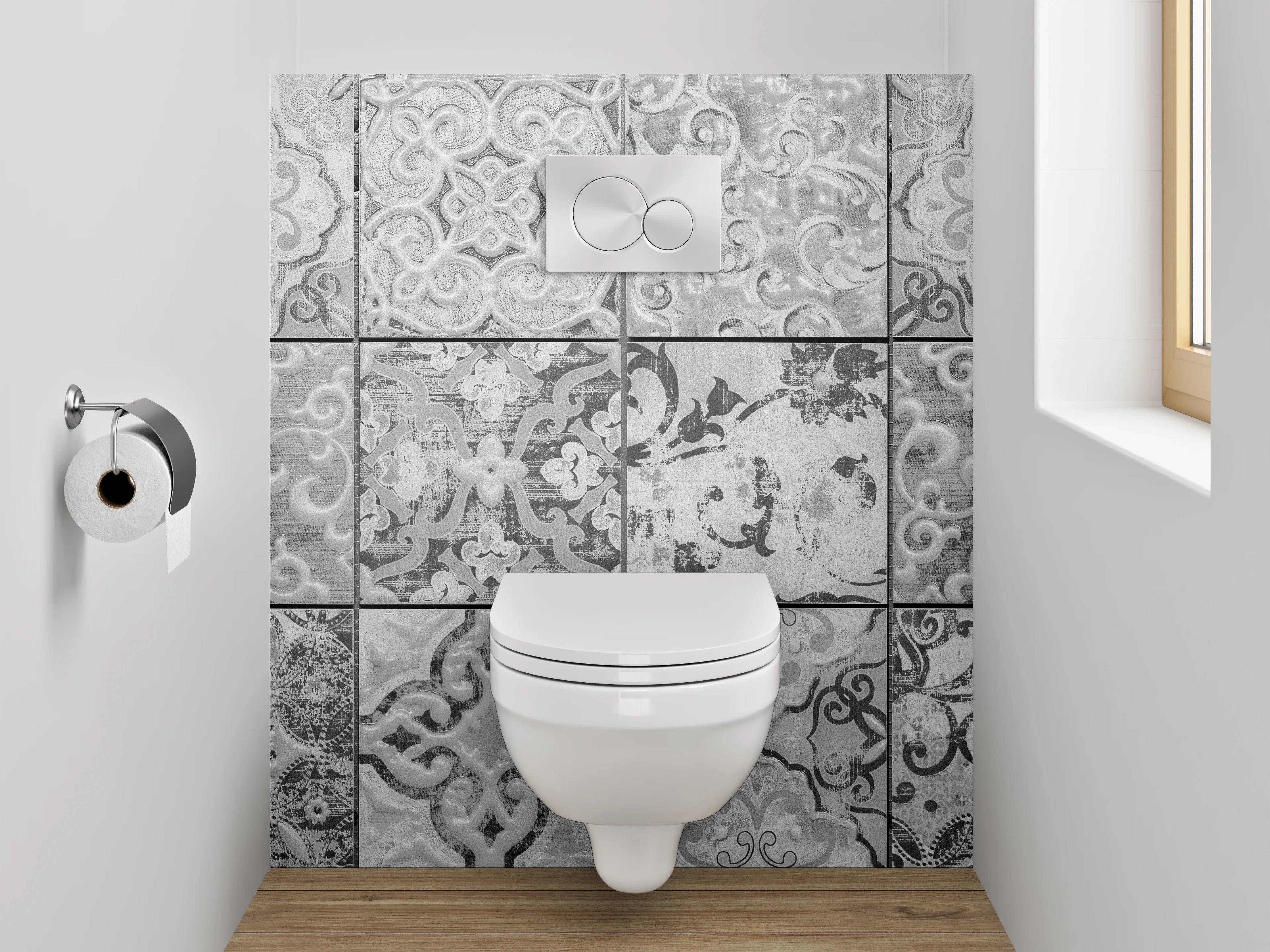 WC-Rückwand - Fliesenmuster in Schwarz-Weiß-Optik