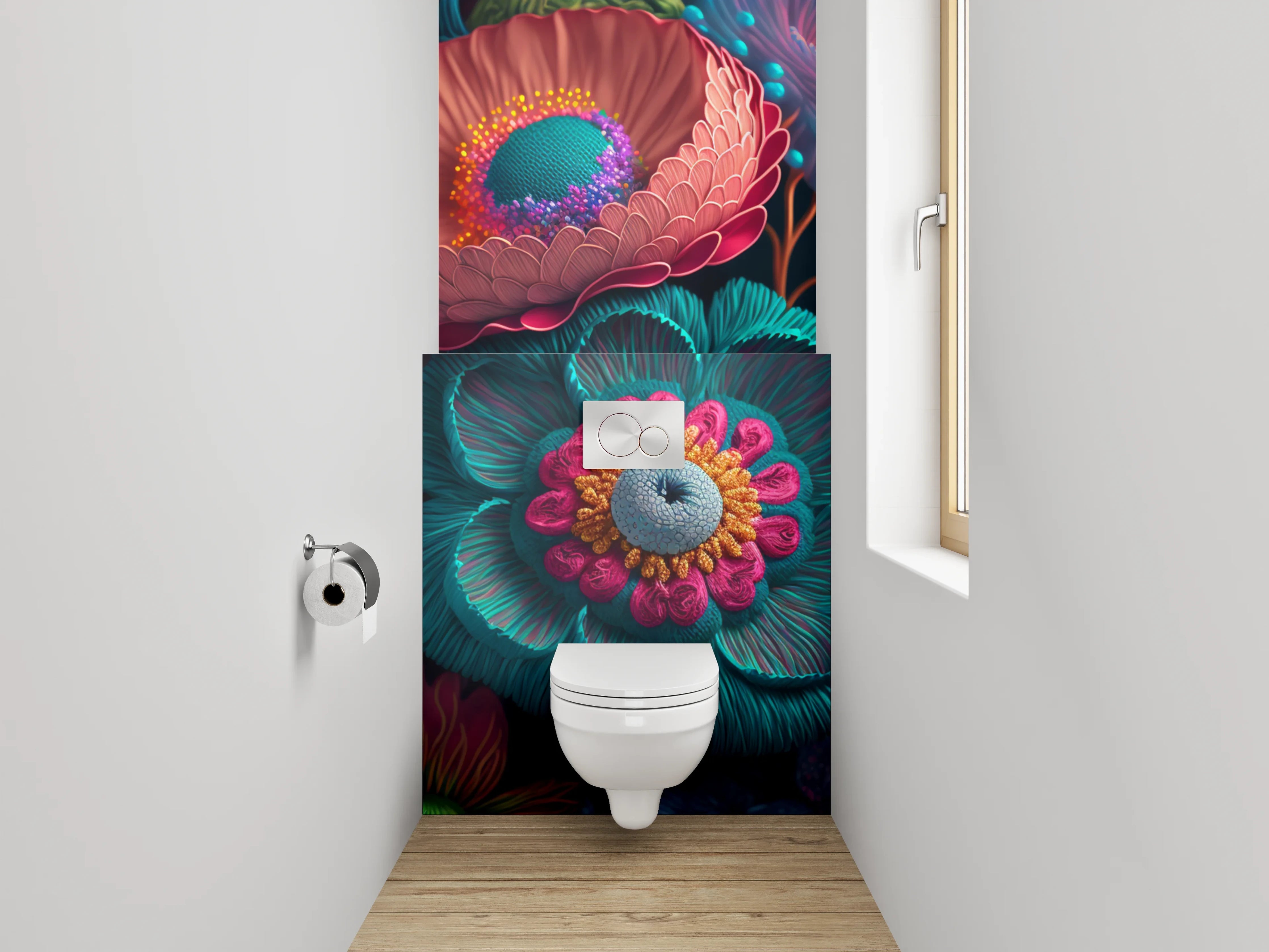 WC-Rückwand - Florale 3D-Kunst in lebendigen Farben