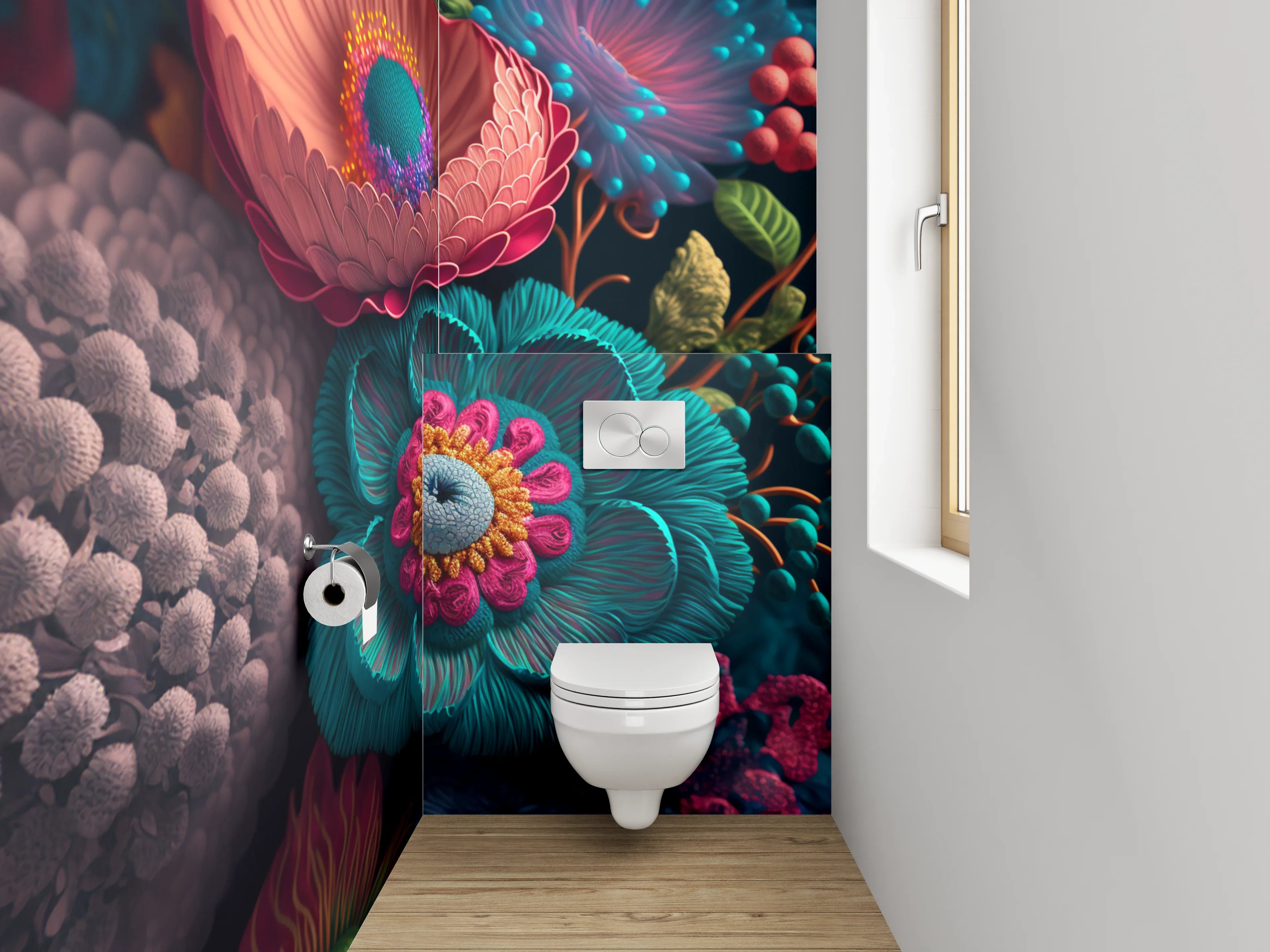WC-Rückwand - Florale 3D-Kunst in lebendigen Farben