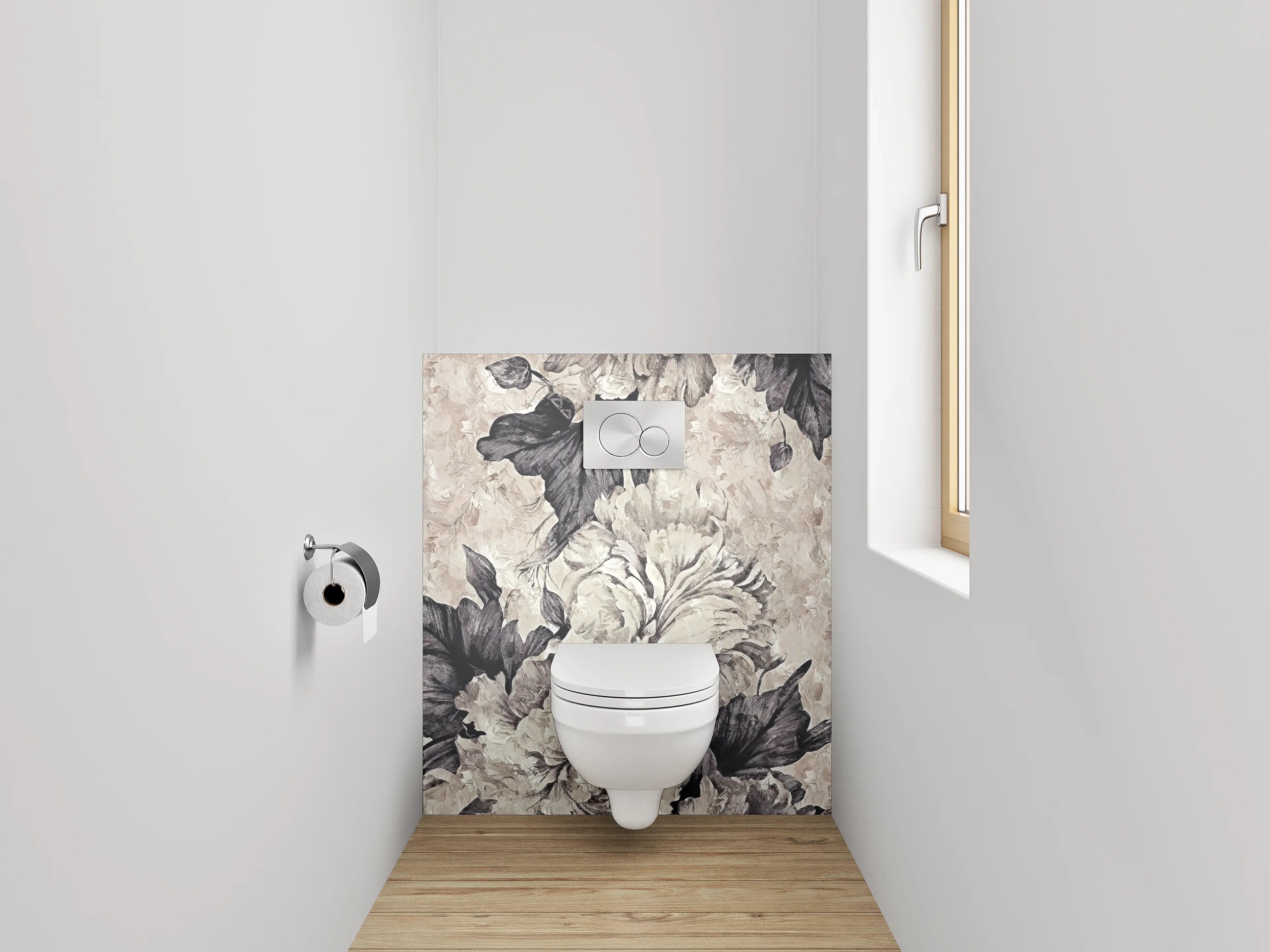 WC-Rückwand - Florale Eleganz in Schwarz-Weiß