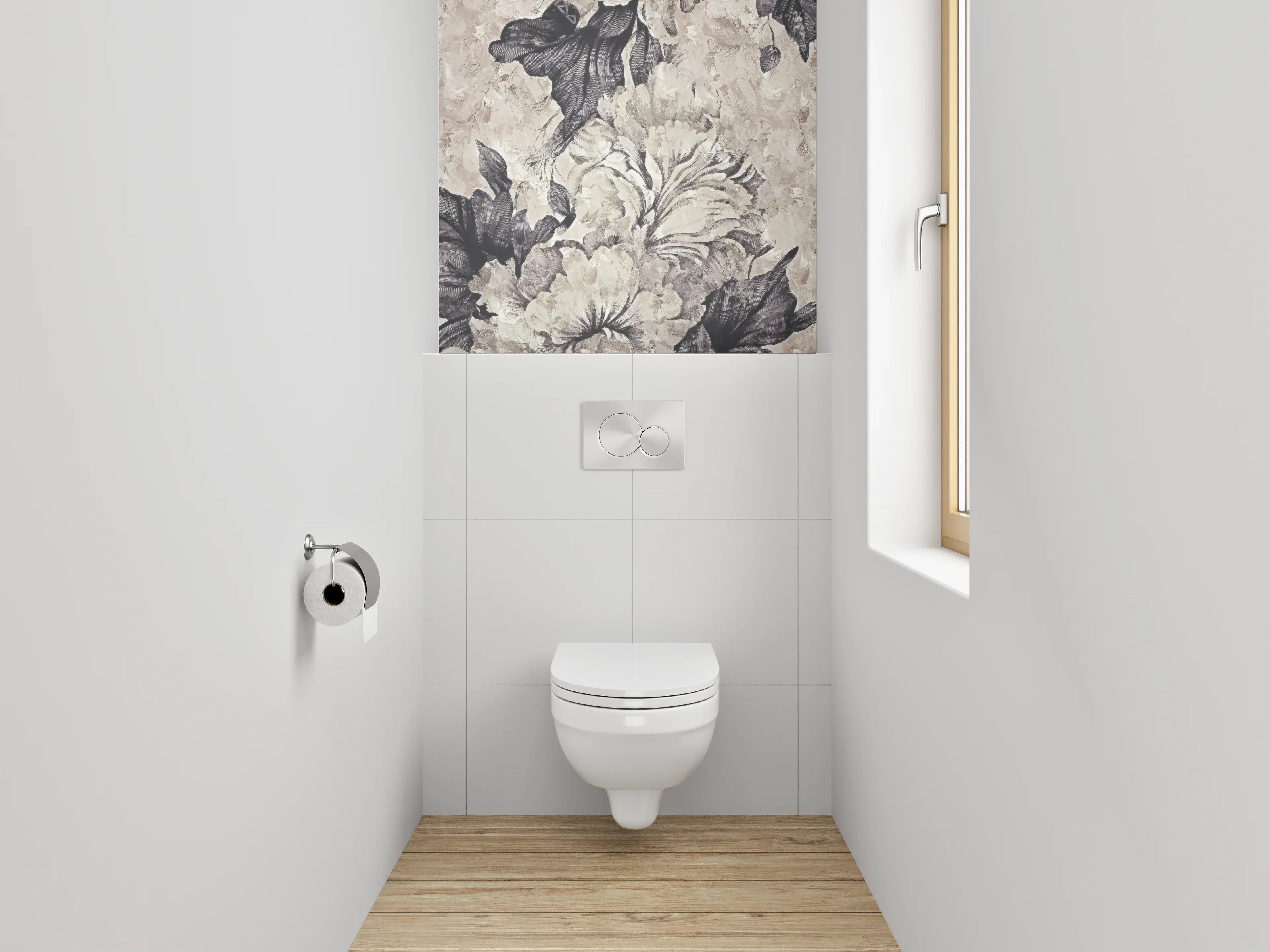 WC-Rückwand - Florale Eleganz in Schwarz-Weiß