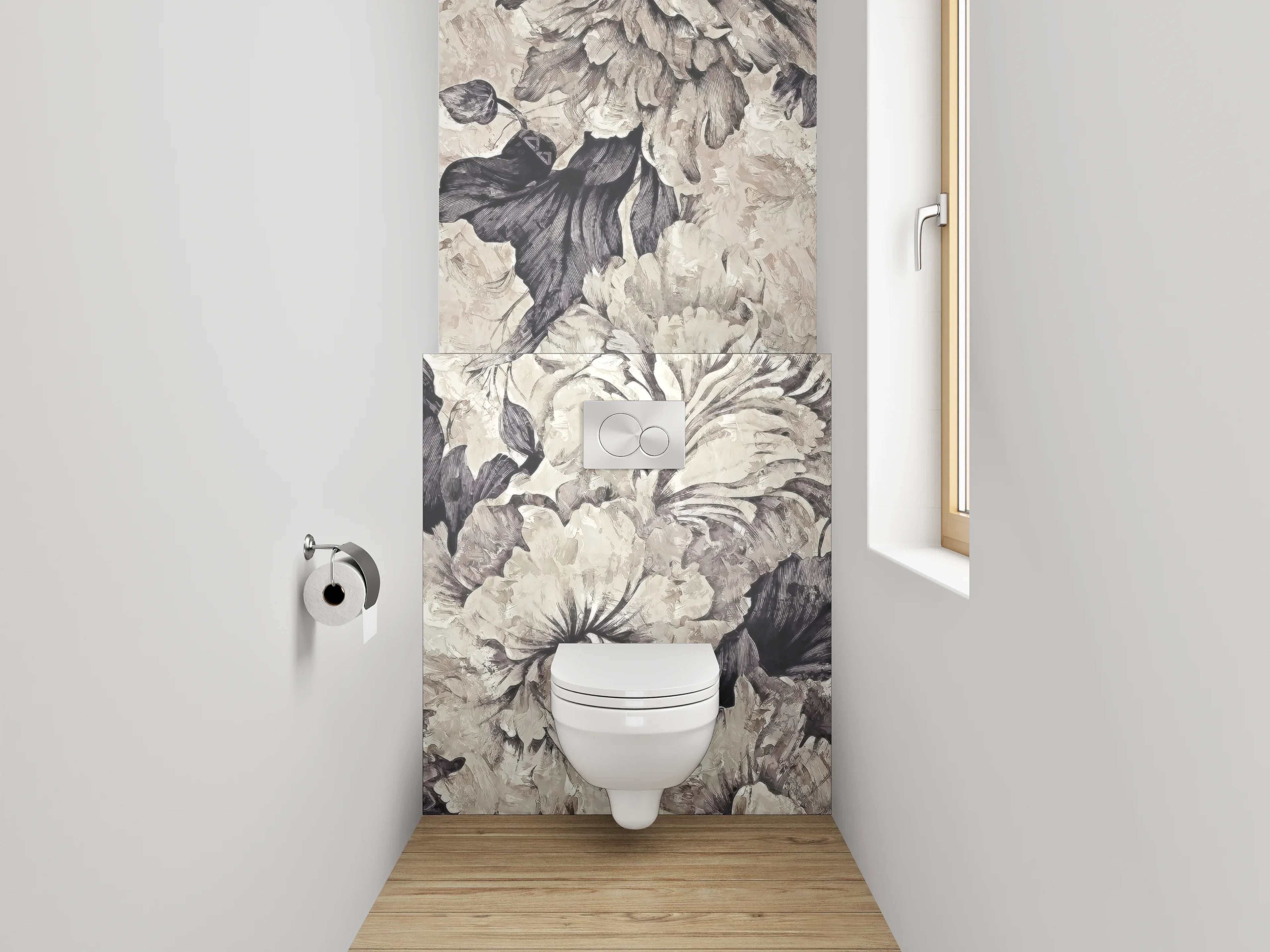 WC-Rückwand - Florale Eleganz in Schwarz-Weiß