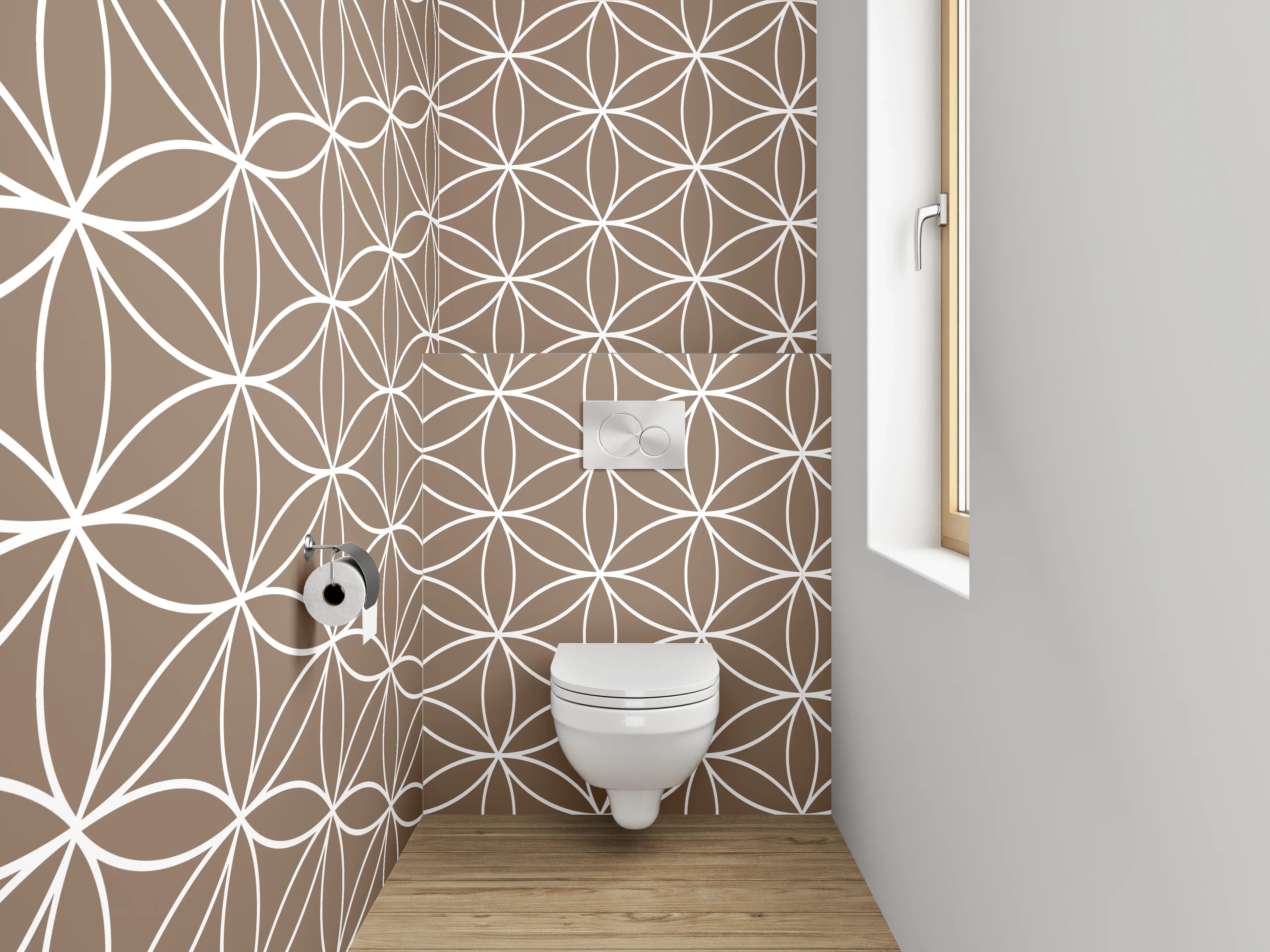 WC-Rückwand - Florale Geometrie in Braun und Weißgrau