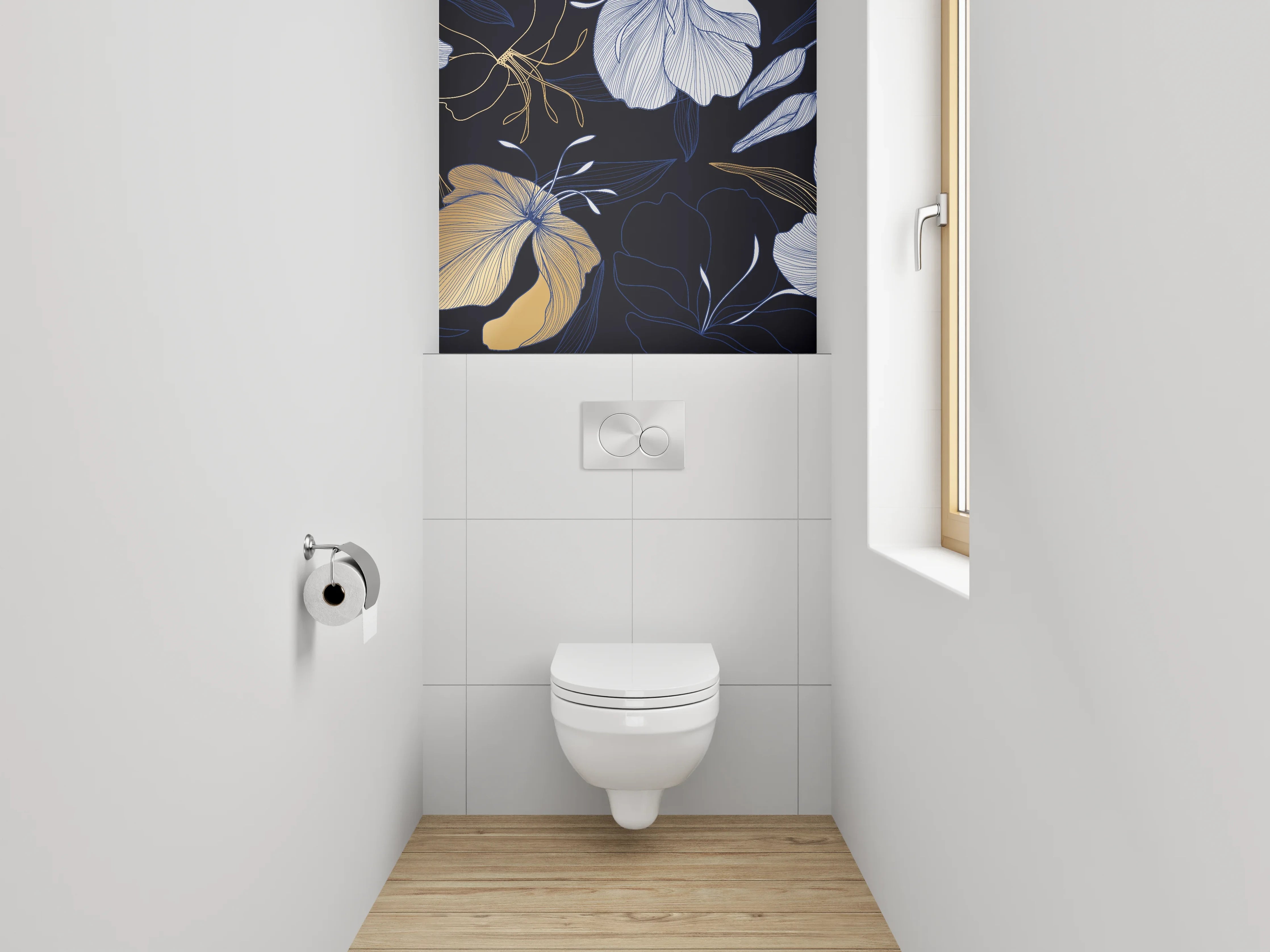 WC-Rückwand - Florale Lineart-Blumen in Gold und Blau