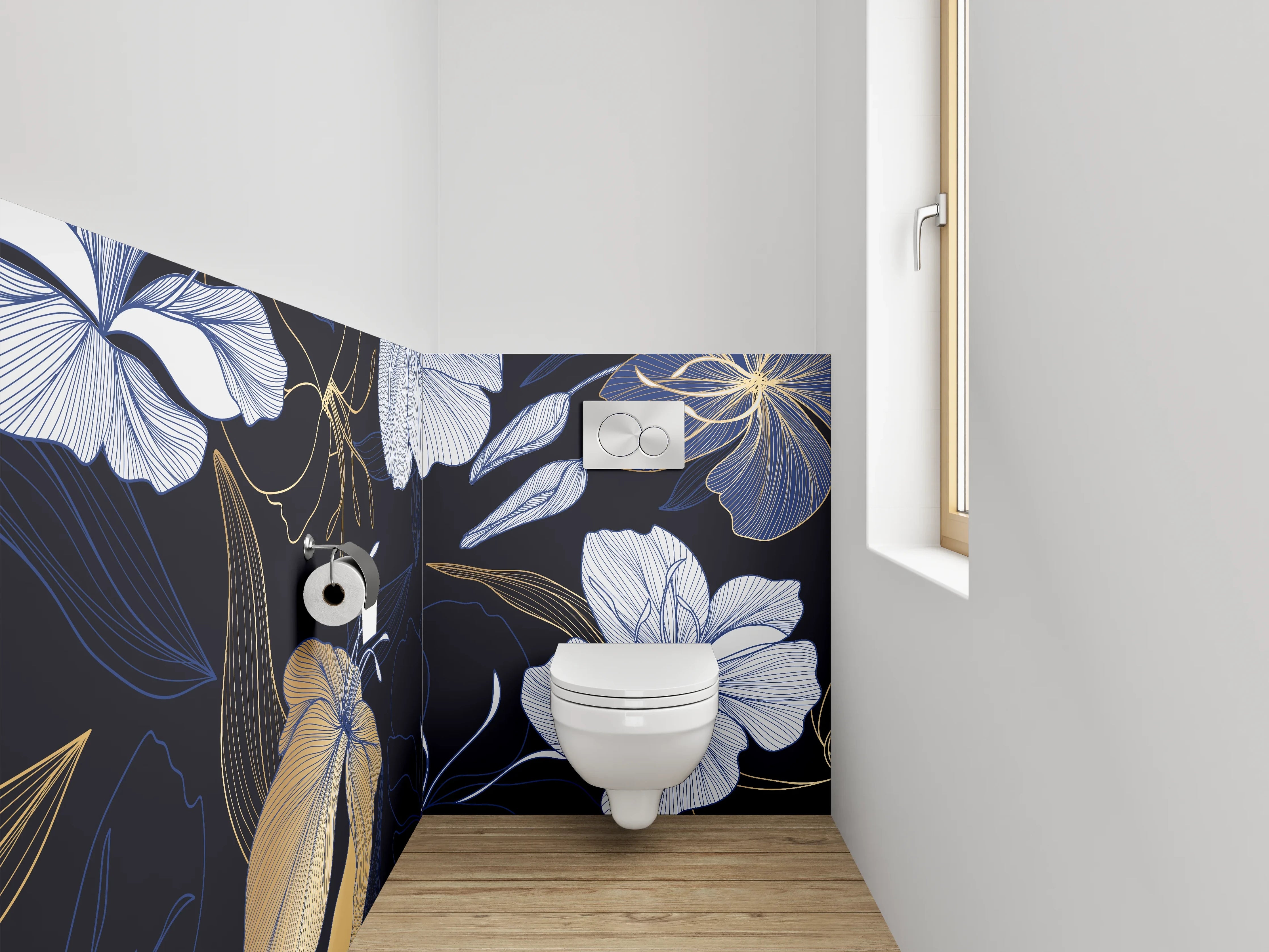 WC-Rückwand - Florale Lineart-Blumen in Gold und Blau