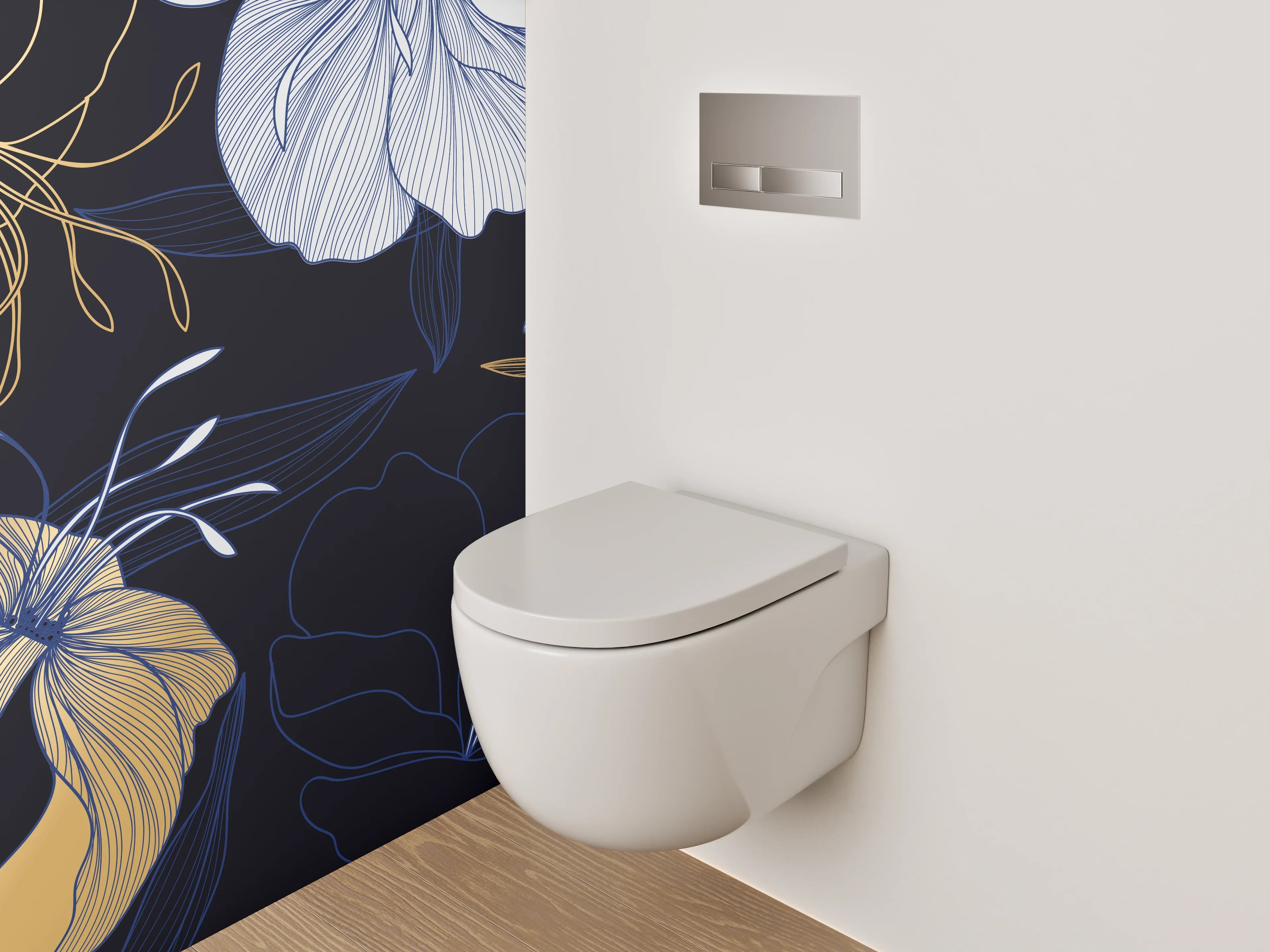 WC-Rückwand - Florale Lineart-Blumen in Gold und Blau